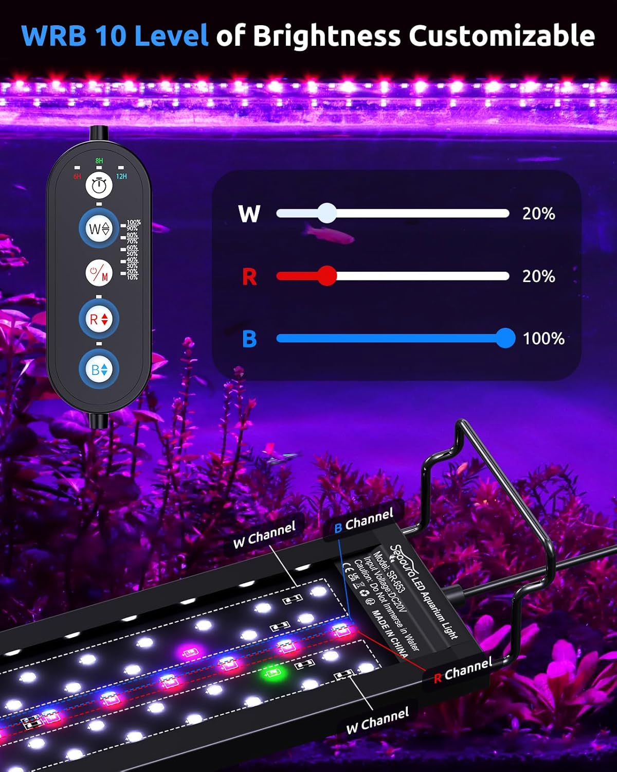 SEAOURA LED Aquarium Light for 12-18in Freshwater Tank, Full Spectrum Aquarium Light for Plant Growth, 6H/8H/12H Timer, WRB 3 Channel Customizable, 10 Brightness & 11 Colors, Adjustable Bracket - 12W