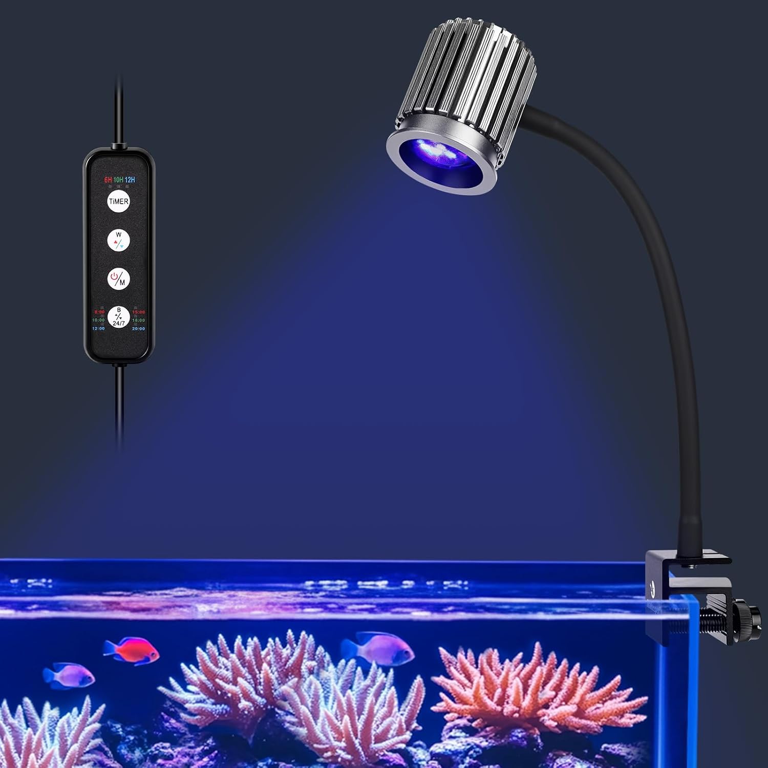 fishkeeper Clip On 24/7 Saltwater Aquarium LED Light, 12W Reef Lights for Coral DIY Color/Brightness Fish Tank Light with Timer for Coral Marine Tank Memory Function