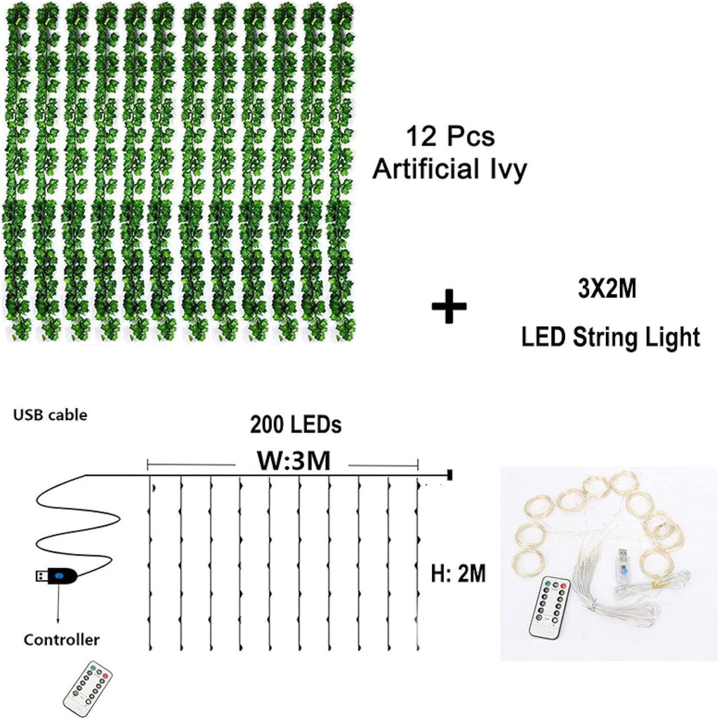 12 Packs Artificial Ivy, 84FT Garland Hanging Plants Fake Vines with 200 LED String Light for Bedroom Wedding Party Garden Wall Room Home Decor