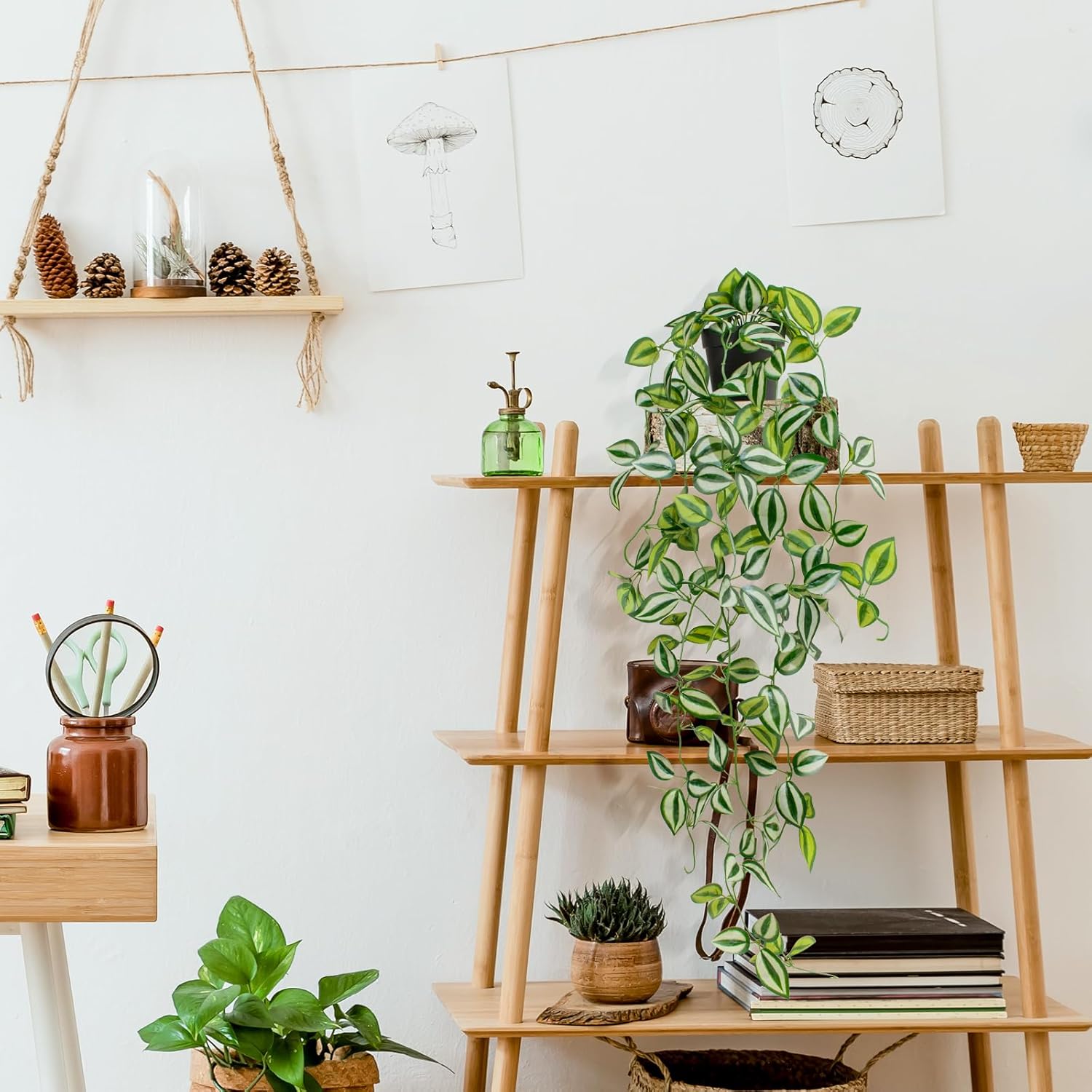 Artificial Plants Indoor Small Potted Hanging Vine plnat 39-in Long Fake Green Eyebrow Leaf Plant Faux Trailing Plant for Home Office Livingroom Desk Shelf Mantle Decoration (Black Pot)