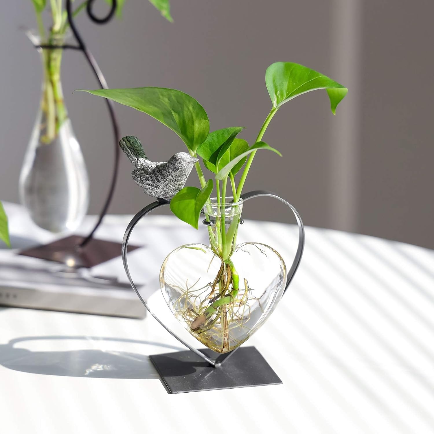 Marbrasse Desktop Glass Vase, Bulb Glass Vases for Holder, Creative Bird with Heart Planter Vase, Plant Terrarium Metal Stand for Modern Office Home Wedding Decorations