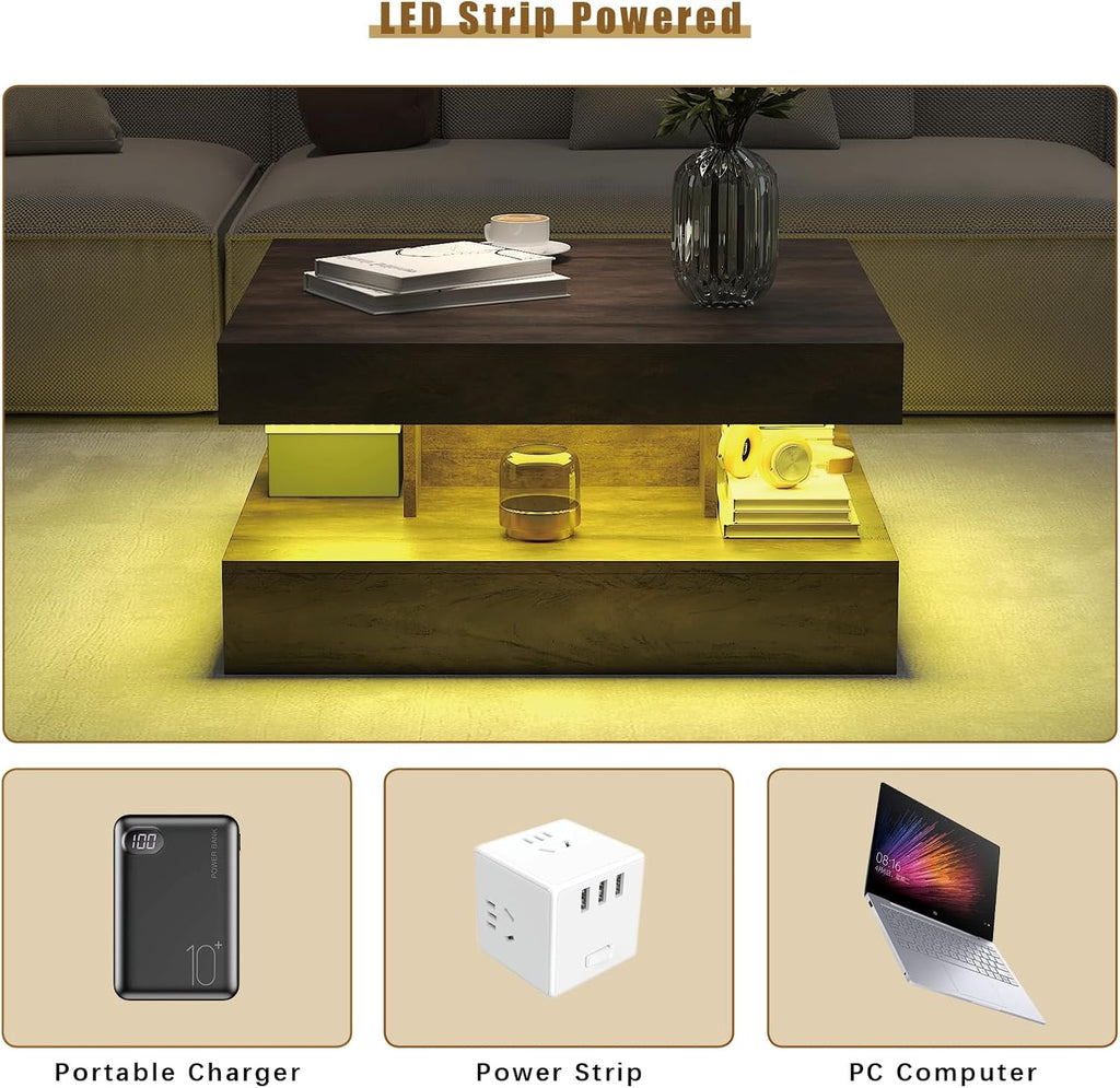 LED Coffee Table for Living Room, Living Room Table 2-Tier Square Middle Center Table, Modern Coffee Tables with Storage, Contemporary Wood Tea Tables for Dining Reception, Rustic