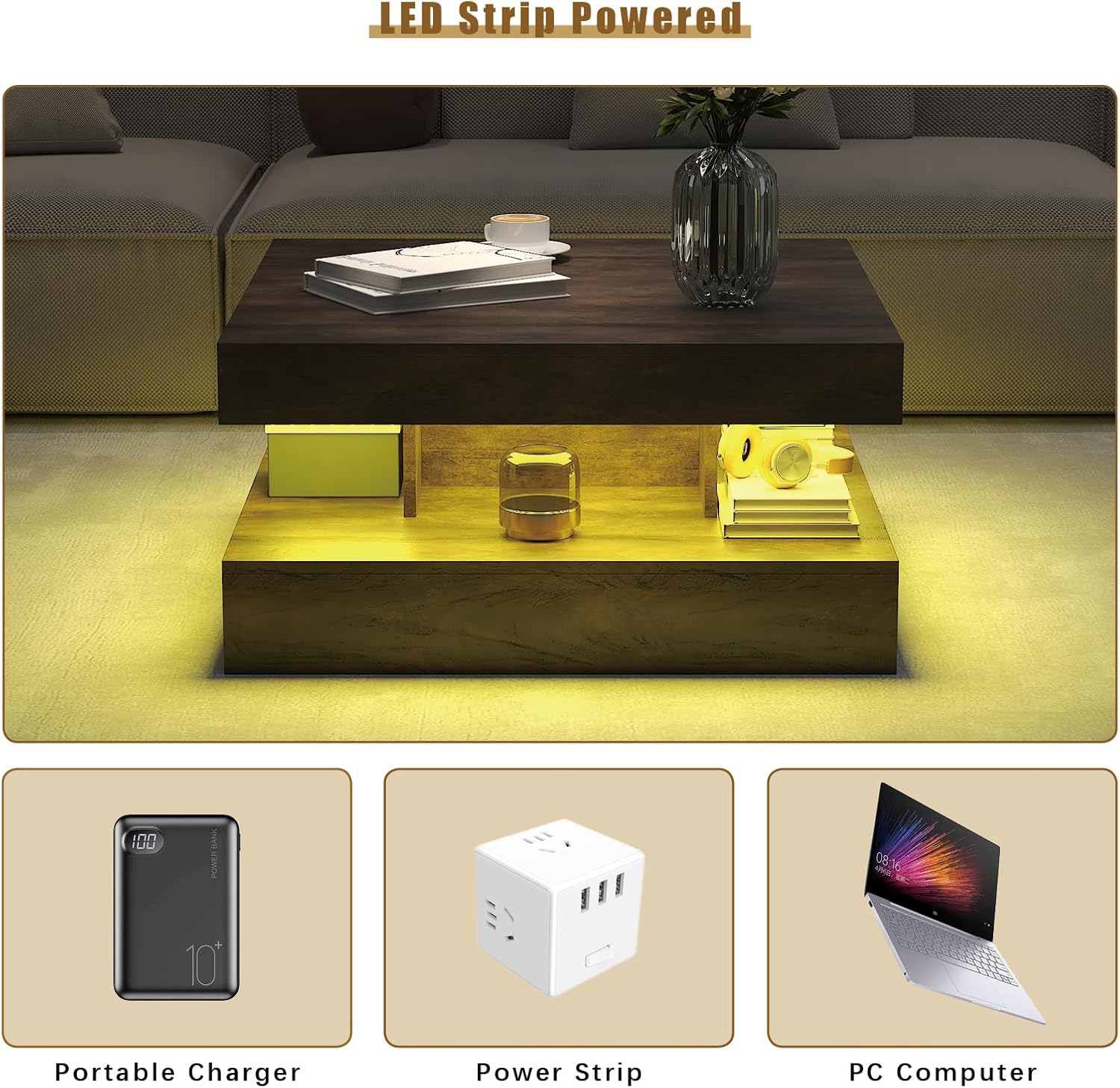 LED Coffee Table for Living Room, Living Room Table 2-Tier Square Middle Center Table, Modern Coffee Tables with Storage, Contemporary Wood Tea Tables for Dining Reception, Rustic