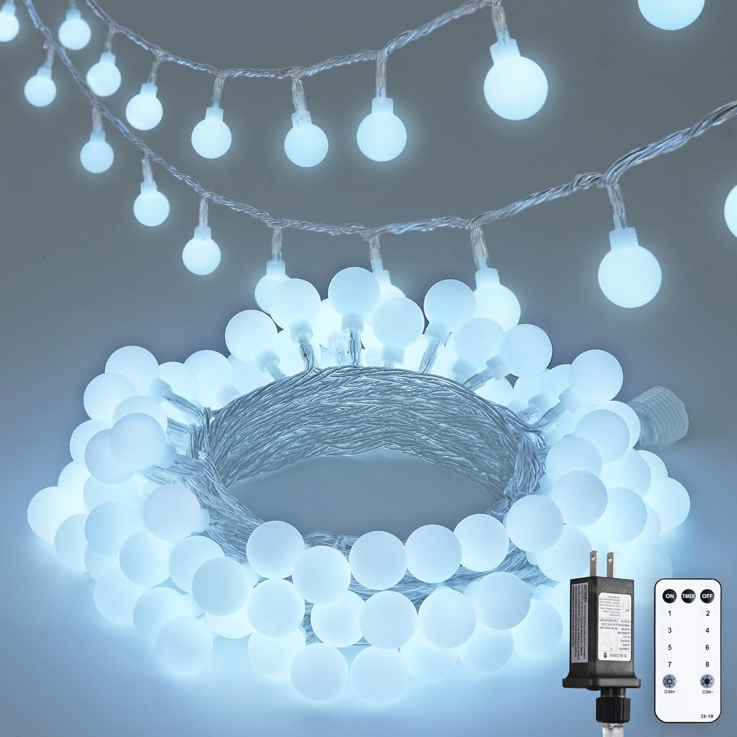 JMEXSUSS 100 LED White Christmas Lights Indoor, Connectable Globe String Lights Plug in with Remote, 33 ft 8 Modes Fairy Light Outdoor for Bedroom Room Party Tree Christmas Decorations