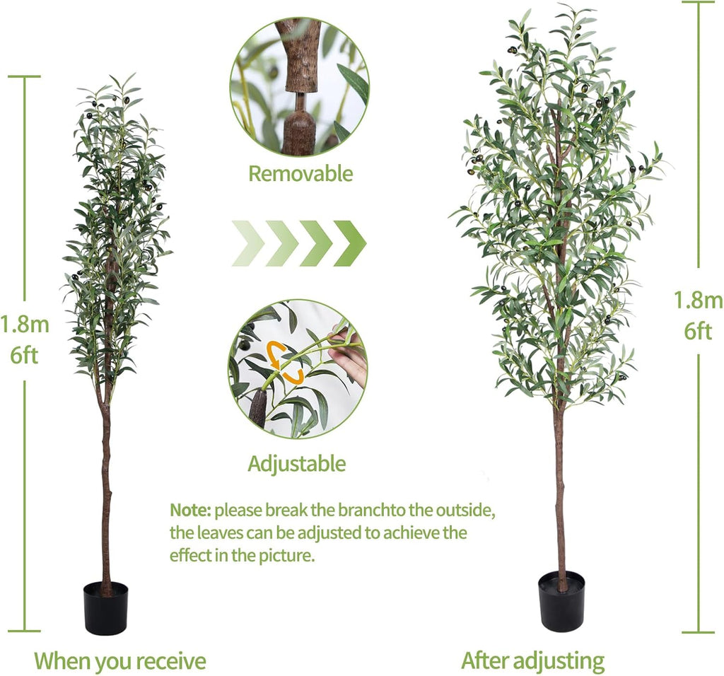 Artificial Olive Tree, 6FT Tall Faux Olive Trees 72in Outdoor Fake Potted Silk Plant with Trunk and Realistic 648 Leaves and 24 Fruits for Modern Office Home Decor Indoor（1pack）