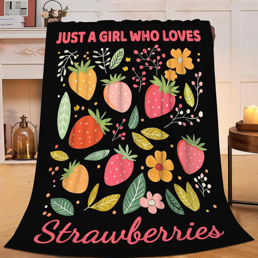 Just A Girl Who Loves Strawberries Throw Blanket Cute Strawberry Fruits Print Throw Blankets Gifts for Couch Sofa Bed Stuff Decor Soft Cozy Fleece Plush Warm Flannel Bedding for Lover 50"x60"