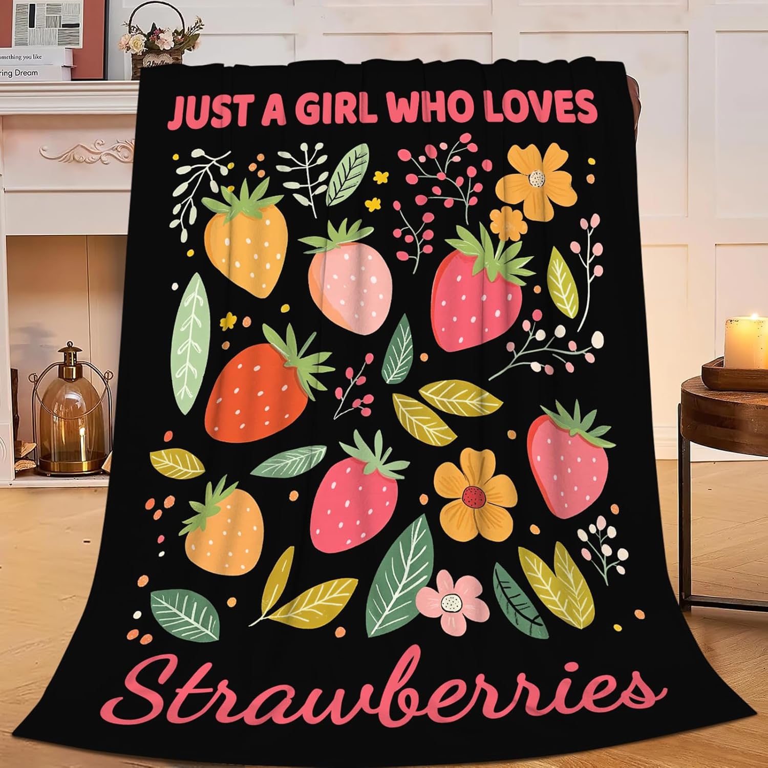Just A Girl Who Loves Strawberries Throw Blanket Cute Strawberry Fruits Print Throw Blankets Gifts for Couch Sofa Bed Stuff Decor Soft Cozy Fleece Plush Warm Flannel Bedding for Lover 50"x60"
