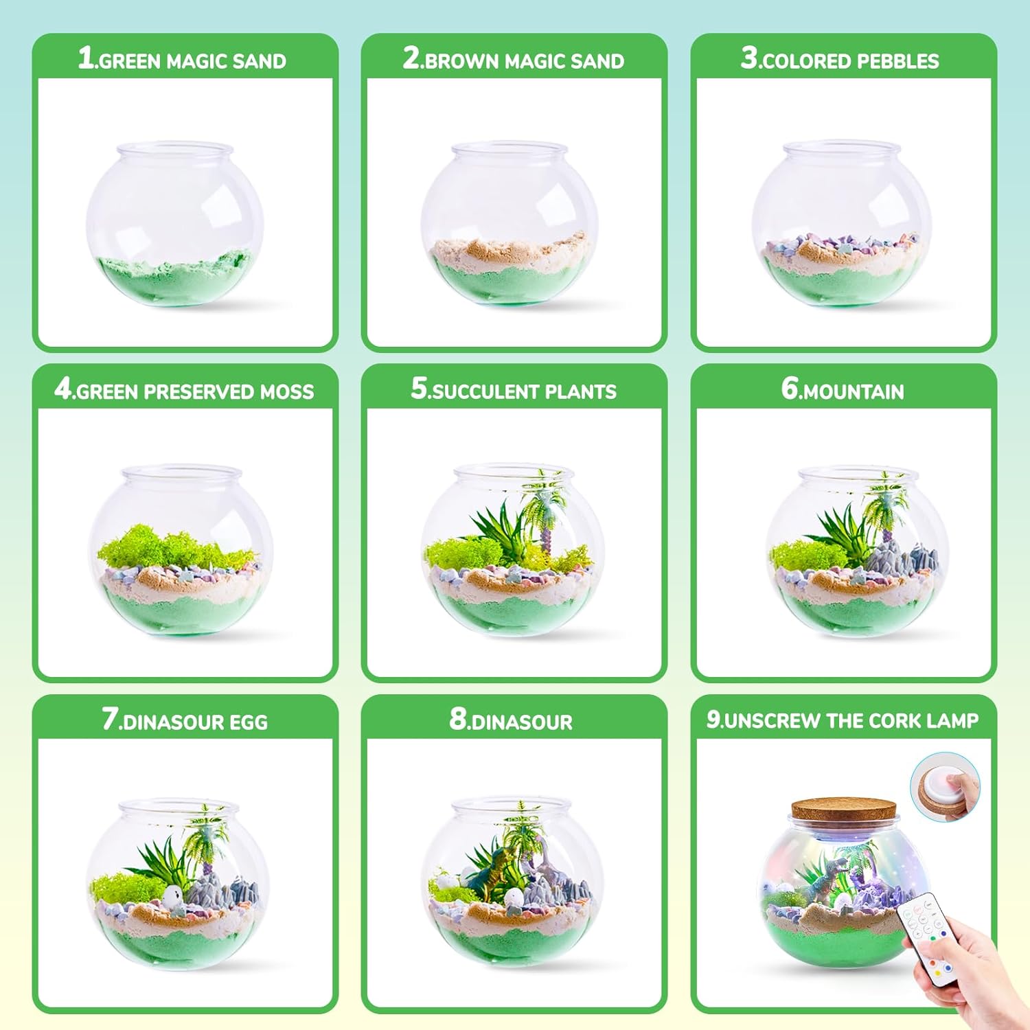 JoyCat Dinosaur Terrarium Kit Night Light for Kids,12 Colors+4 Dimmable Levels, Remote+Timer Press Night Light for Baby Nursery Lamp, Portable Toddler Lamp Gifts
