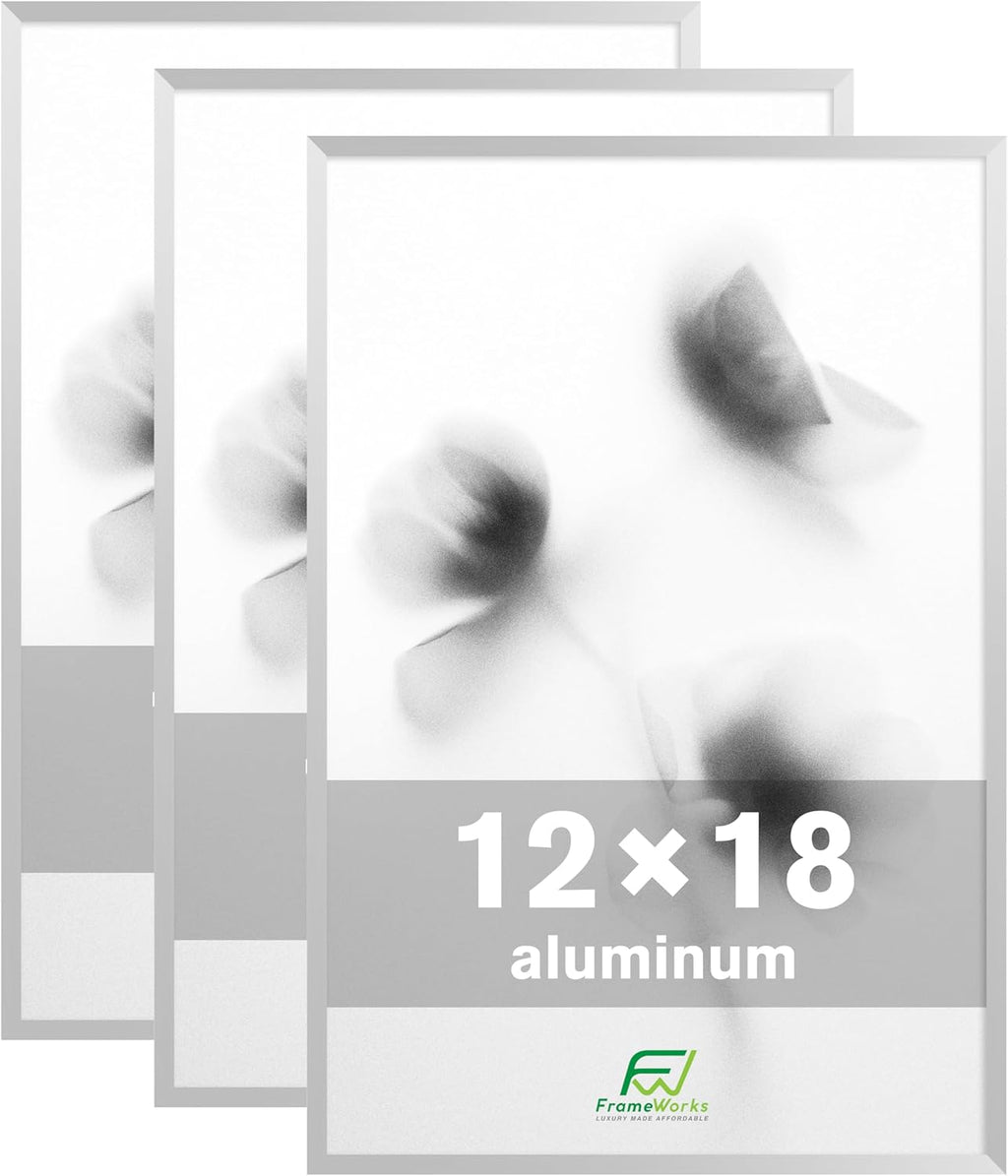FrameWorks 12x18 Brushed Aluminum Poster Frames – Modern Brushed Metal Design w/Shatterproof Plexiglass, Perfect for Posters, Artwork, Paintings, Wall Displays – Home or Office Decor, Silver - 3 Pack