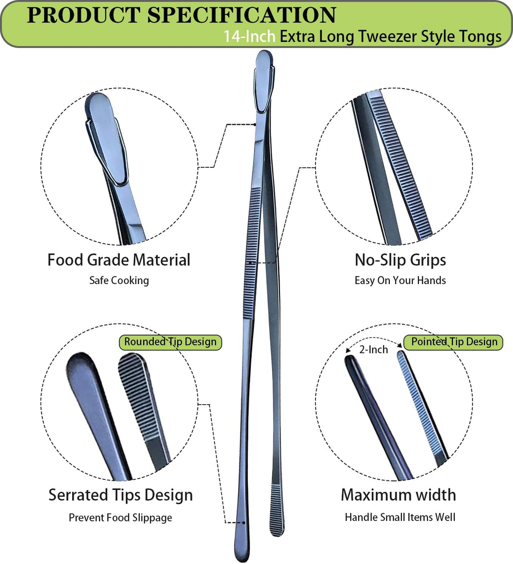JETKONG 2 Pcs 14-Inch Cooking Tweezer Tongs Extra- Long Stainless Steel Kitchen Tweezers Plating Tongs (Navy Blue)