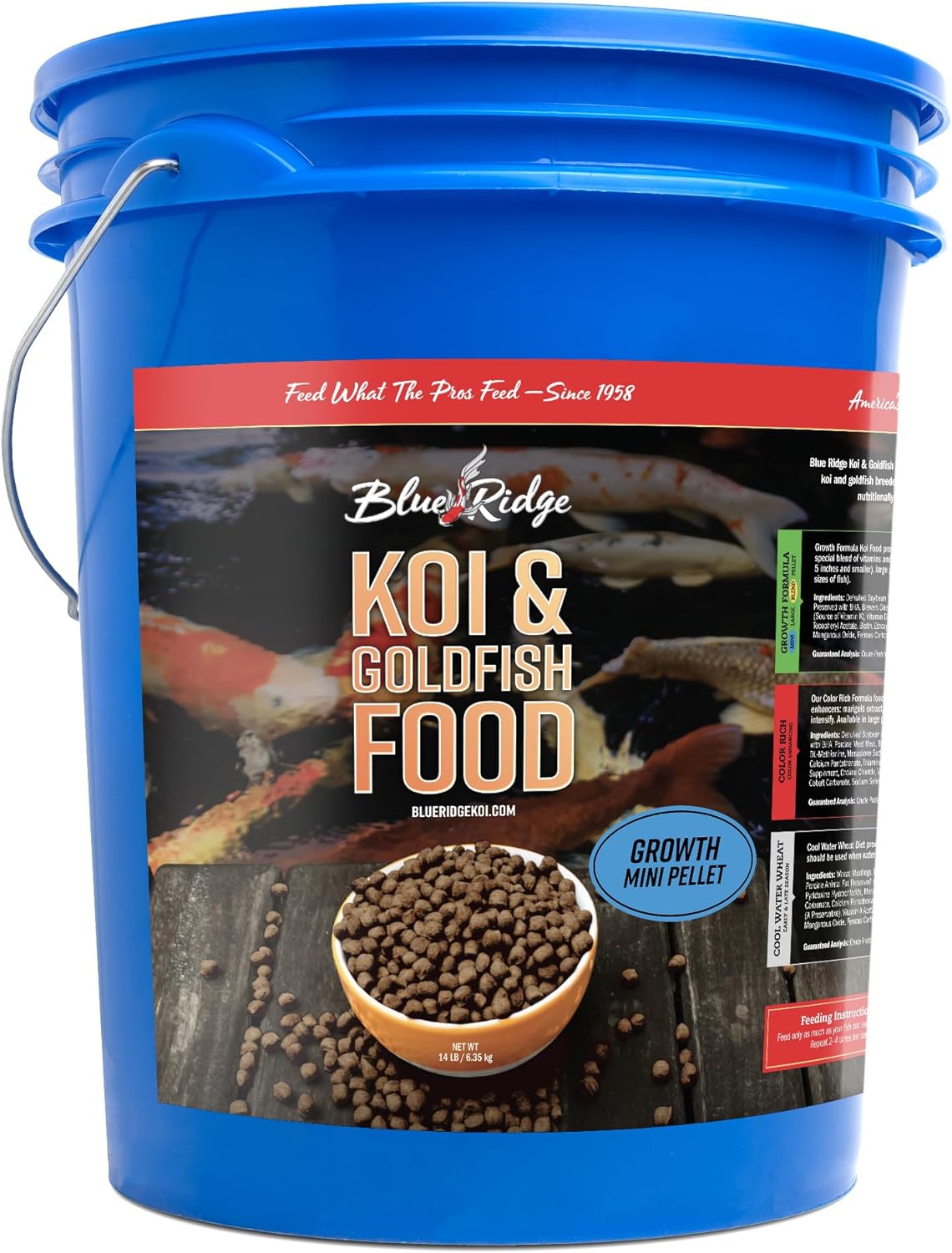 Blue Ridge Koi Fish Food 14lb - Koi Food Mini Growth Formula, Goldfish Food, Premium Fish Food for Ponds, Ponds Fish Food, Floating Pond Pellets