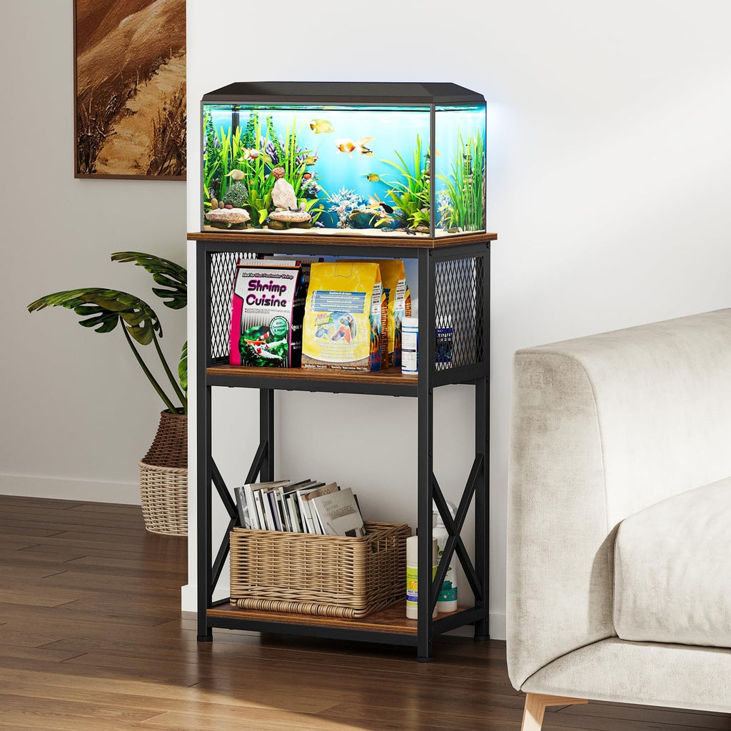 Snughome 10 Gallon Aquarium Stand with Storage, 3 Tier Heavy Metal Fish Tank Stand Shelf 20.47" x 11.42" x 30.91", Rustic Brown