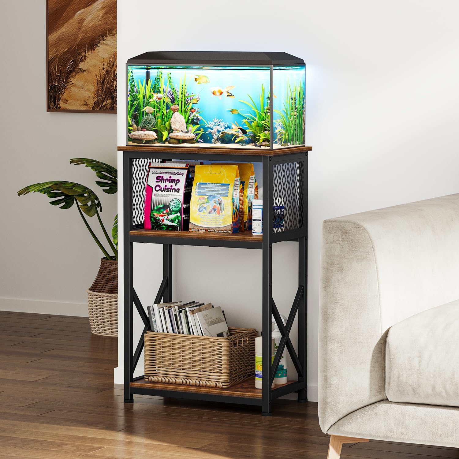 Snughome 10 Gallon Aquarium Stand with Storage, 3 Tier Heavy Metal Fish Tank Stand Shelf 20.47" x 11.42" x 30.91", Rustic Brown