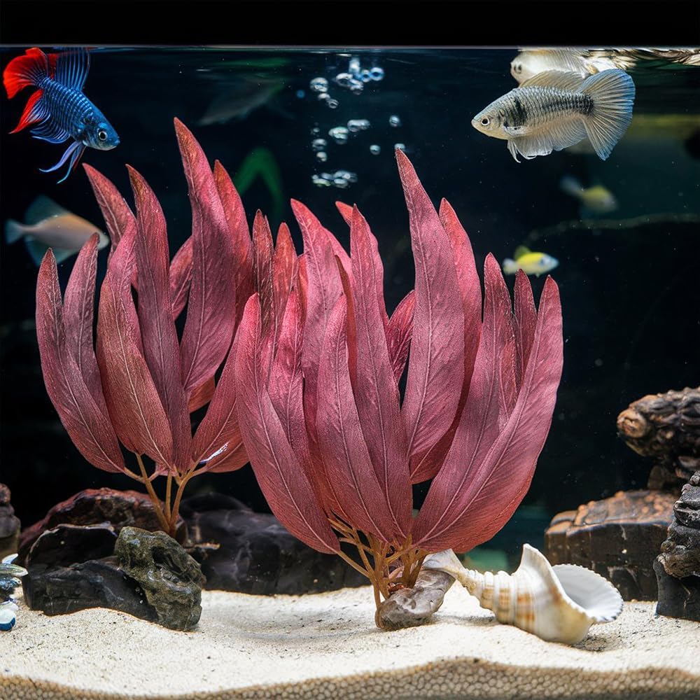 BEGONDIS 2Pcs Artificial Aquatic Plants Set - Lifelike Silk Fabric Leaves for Aquarium Decoration, Easy to Maintain, Vibrant Underwater Garden (Red)