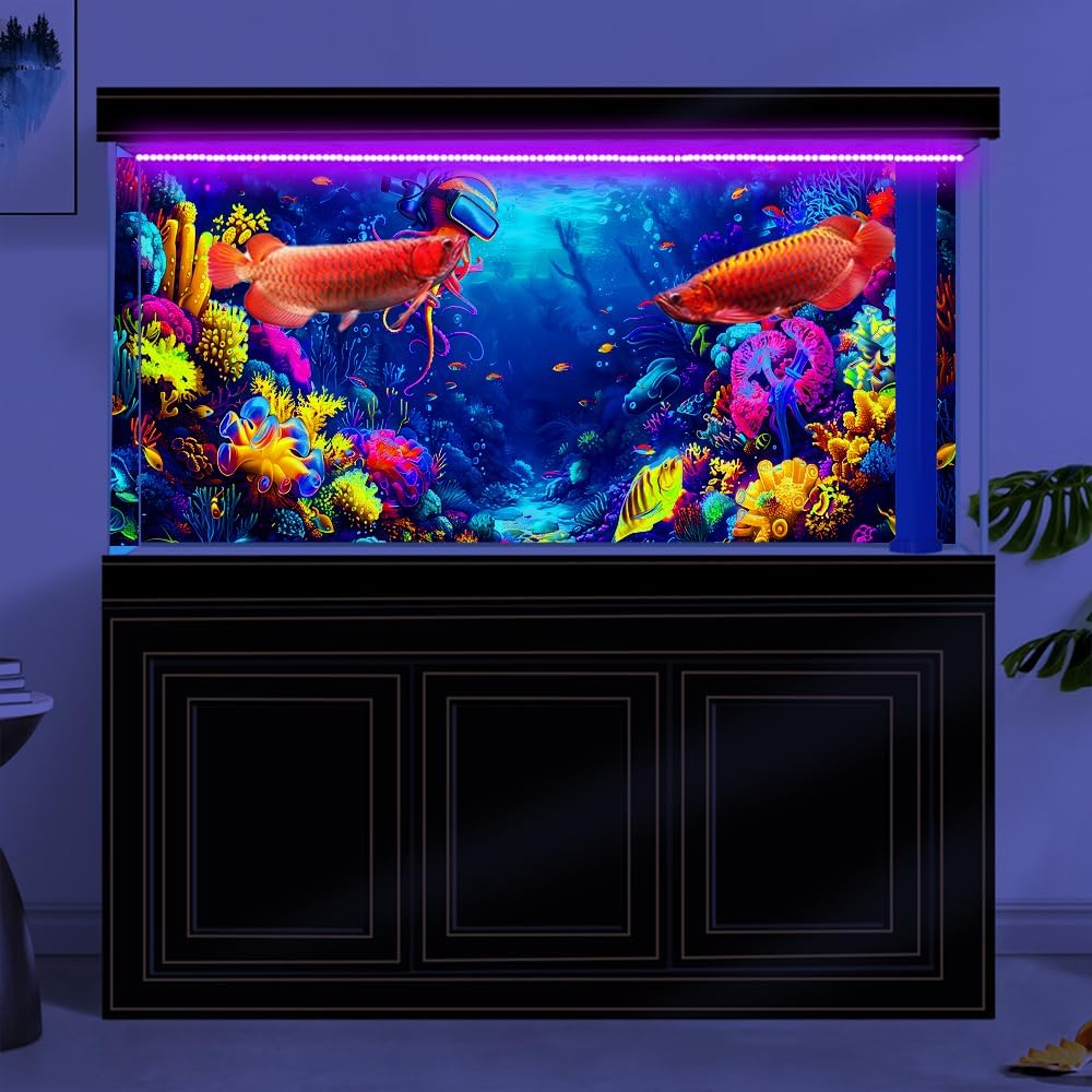 48X24IN Blacklight Ocean HD 3D Black Light Aquarium Background UV Reactive Octopus Background Terrarium Background with 10 EVA Double-Sided Tape with 10 EVA Double-Sided Tape