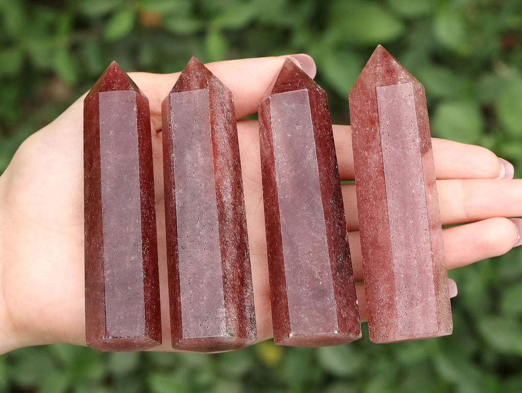 LAIDANLA Strawberry Quartz Healing Crystals Wands 3.5-4" Natural Reiki Energy Wand Stone Hexagonal Point Large Crystal Gemstones for Meditation Therapy Crystal Grid Decoration 1Pcs