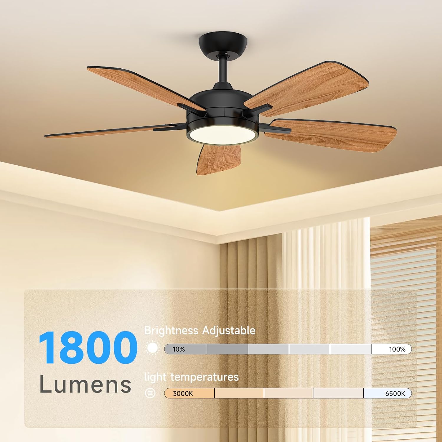 Roomratv Ceiling Fans with Lights,46 Inch,Remote Control,Night Light,Dimmable,Reversible,Noiseless,6 Speeds,Timer,Black Modern Ceiling Fan for Living Room,Bedroom,Kitchens,Kis room,Outdoor Patio
