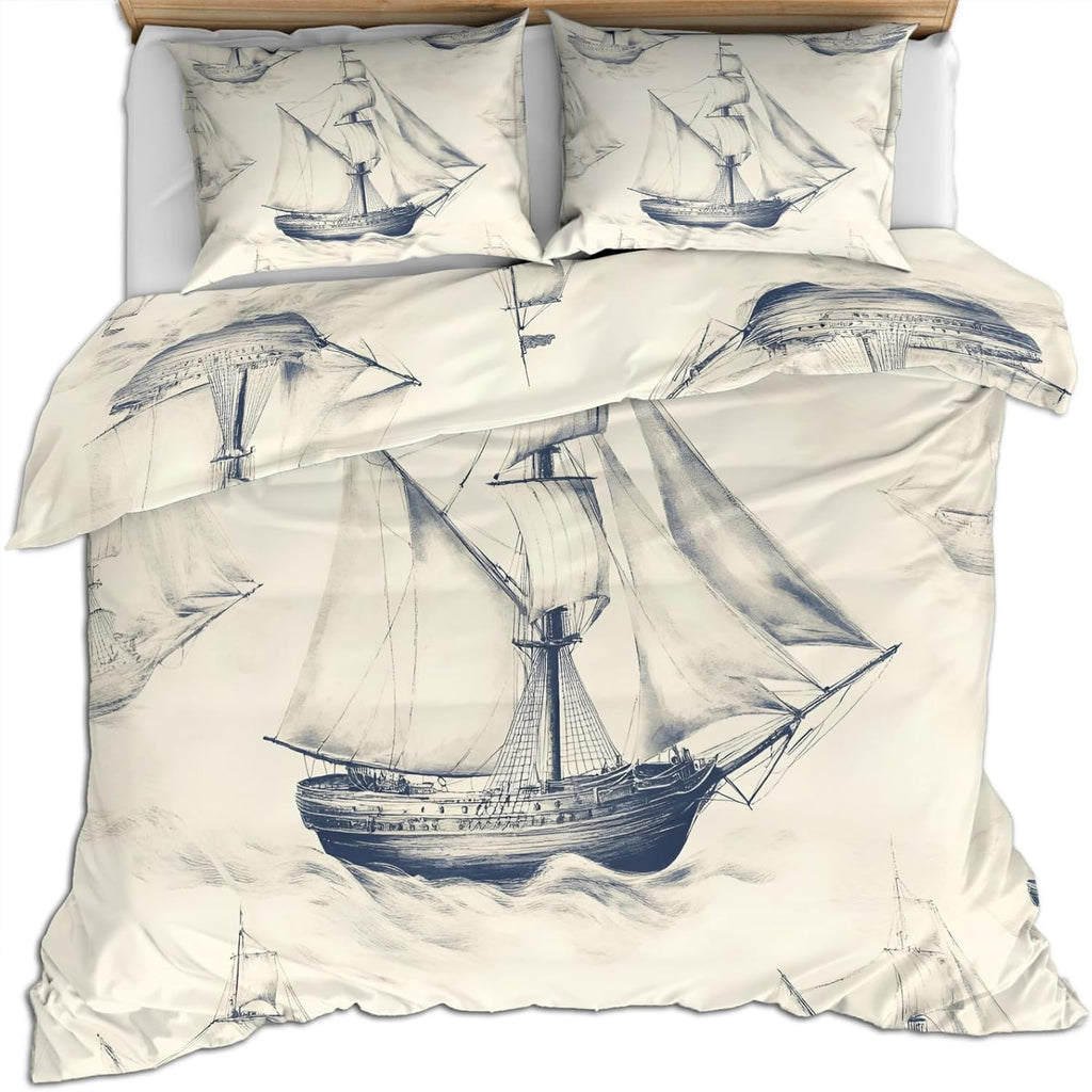 Nautical Duvet Cover Full Size, Vintage Old Sailboat Bedding Set 3 Piece Bedroom Decor Ocean Boat Sketch Patterned Comforter Cover with Zipper Ties & 2 Pillowcases