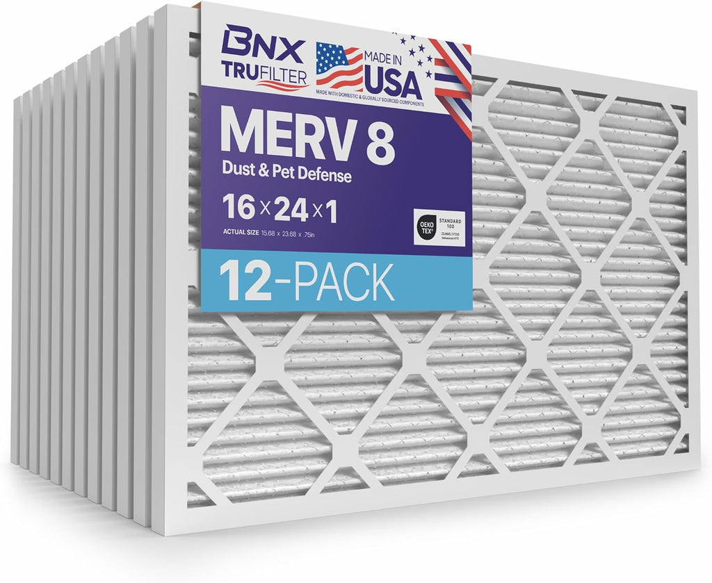 BNX TruFilter 16x24x1 Air Filter MERV 8 (12-Pack) - MADE IN USA – Dust & Pet Defense Pleated Air Conditioner HVAC AC Furnace Filters for Dust, Pet, Mold, Pollen MPR 600 – 700 & FPR 5