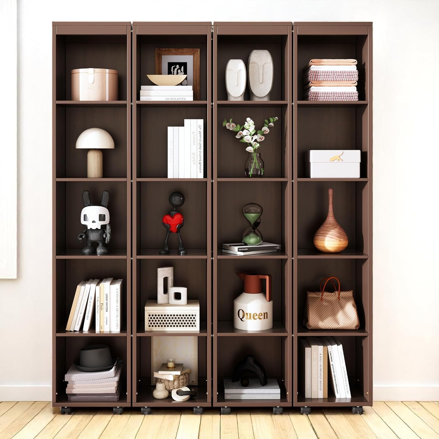 MERITLINE Foldable Hidden Queen Murphy Bed Cabinet with Storage Bookshelf Bookcase, Wood White Murphy Wall Bed with Storage Shelves for Adults (Espresso)