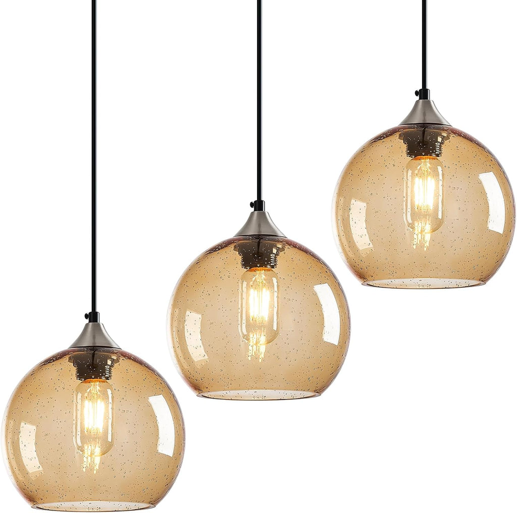 Light Brown Glass Pendant Lights Kitchen Island Lighting Globe Pendant Light Fixtures Modern Pendant Lighting for Bedroom Living Dining Room Light Fixture (7.87 in, 3 Pack)