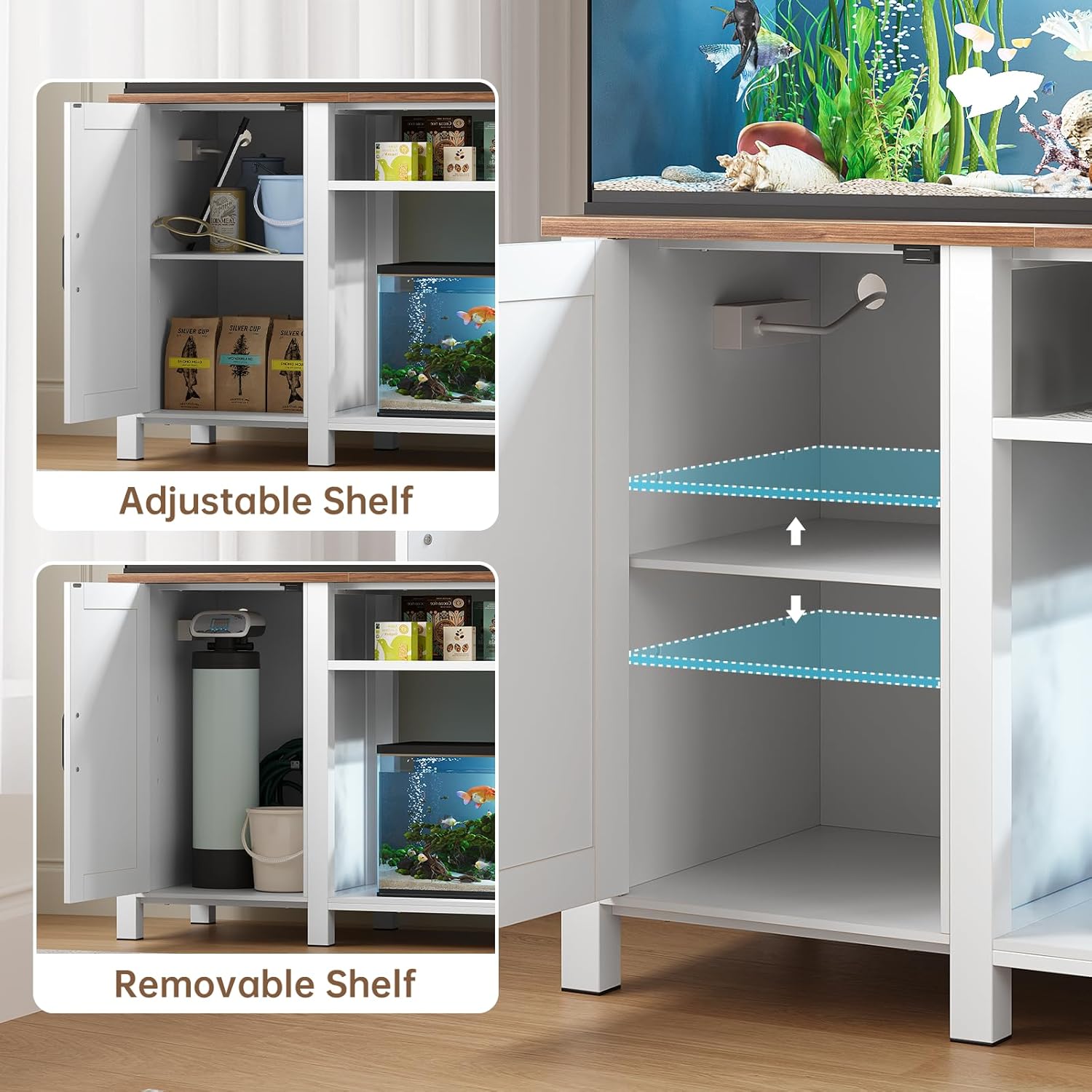 55-75 Gallon Aquarium Stand with Power Outlet, Heavy Duty Fish Tank Stand with Cabinet Storage & Adjustable Shelf, for Fish Tank, Turtle Tank, Reptile Terrarium, 1000LBS Capacity, White