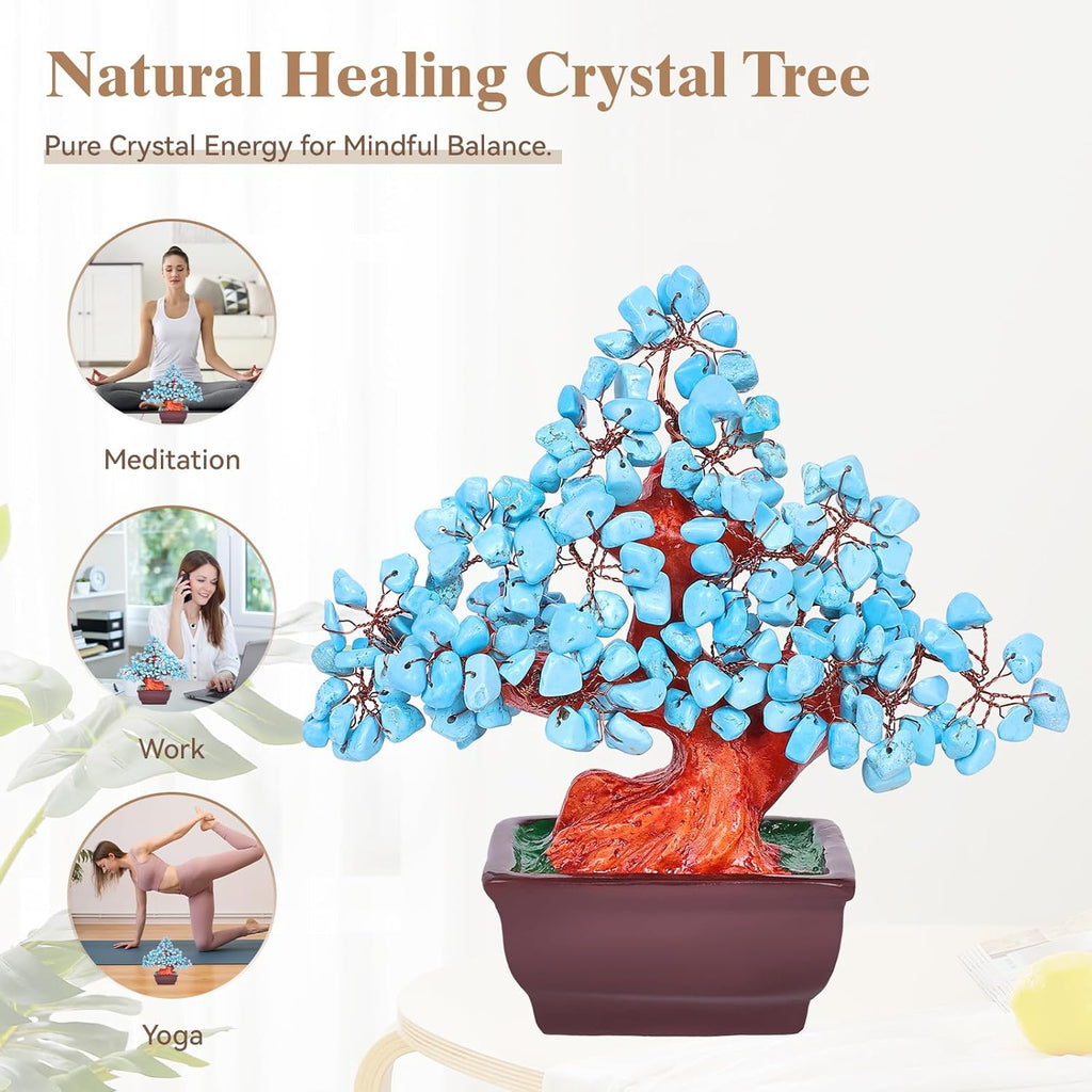 Feng Shui Quartz Crystal Money Tree Bonsai Style Decoration for Luck and Wealth (Blue)