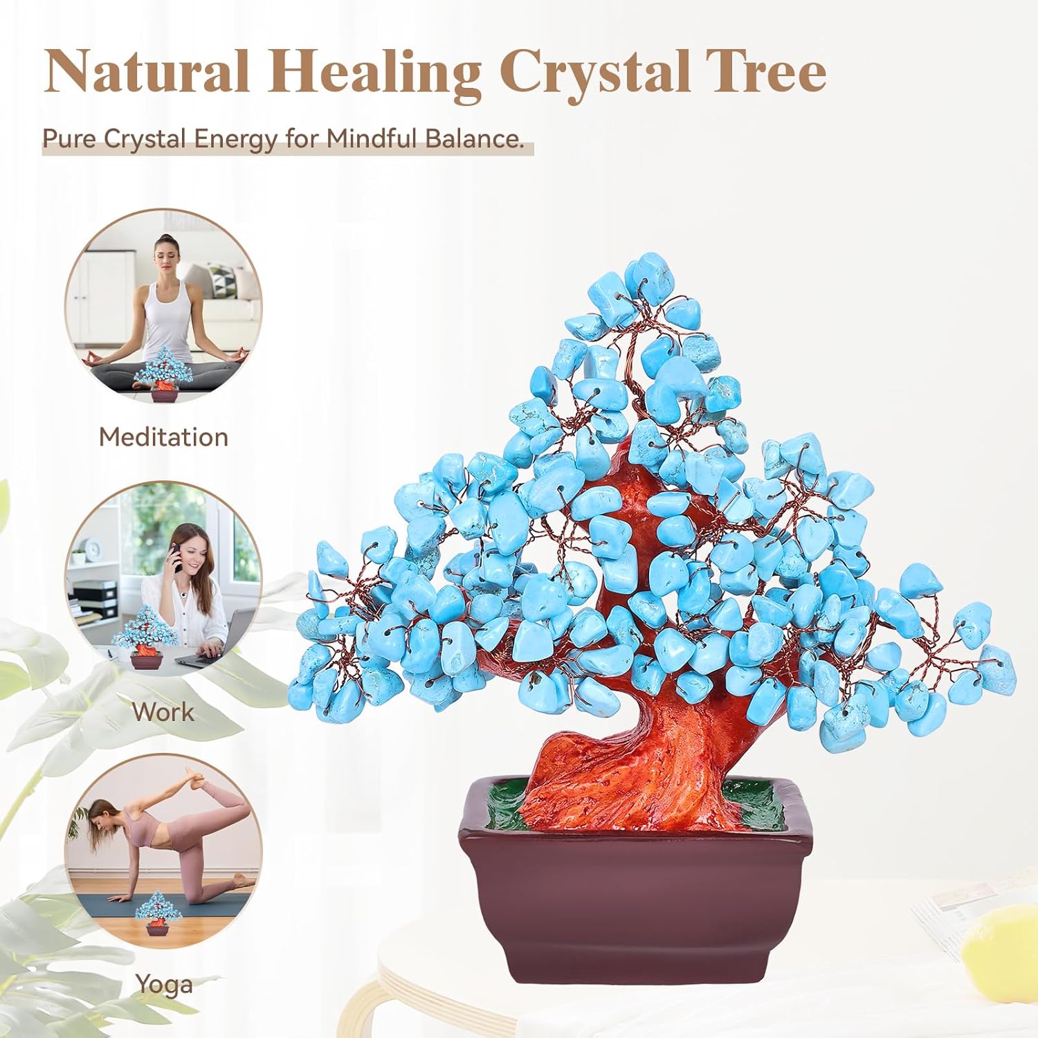 Feng Shui Quartz Crystal Money Tree Bonsai Style Decoration for Luck and Wealth (Blue)