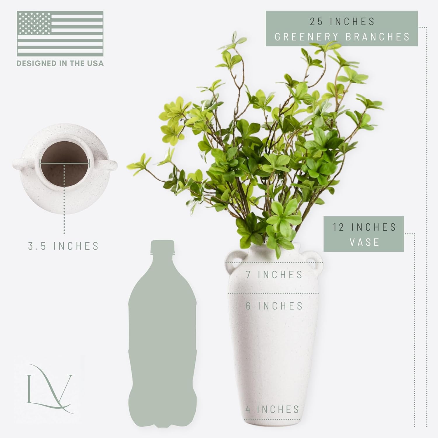 12 Inch Tall White Ceramic Vase, with 5 Branches of 25 Inch Faux Artificial Vibrant Greenery Stems Set, Textured Minimalist Jug, Fake Stem Plants, Decorative Farmhouse, Console Table Centerpiece Decor