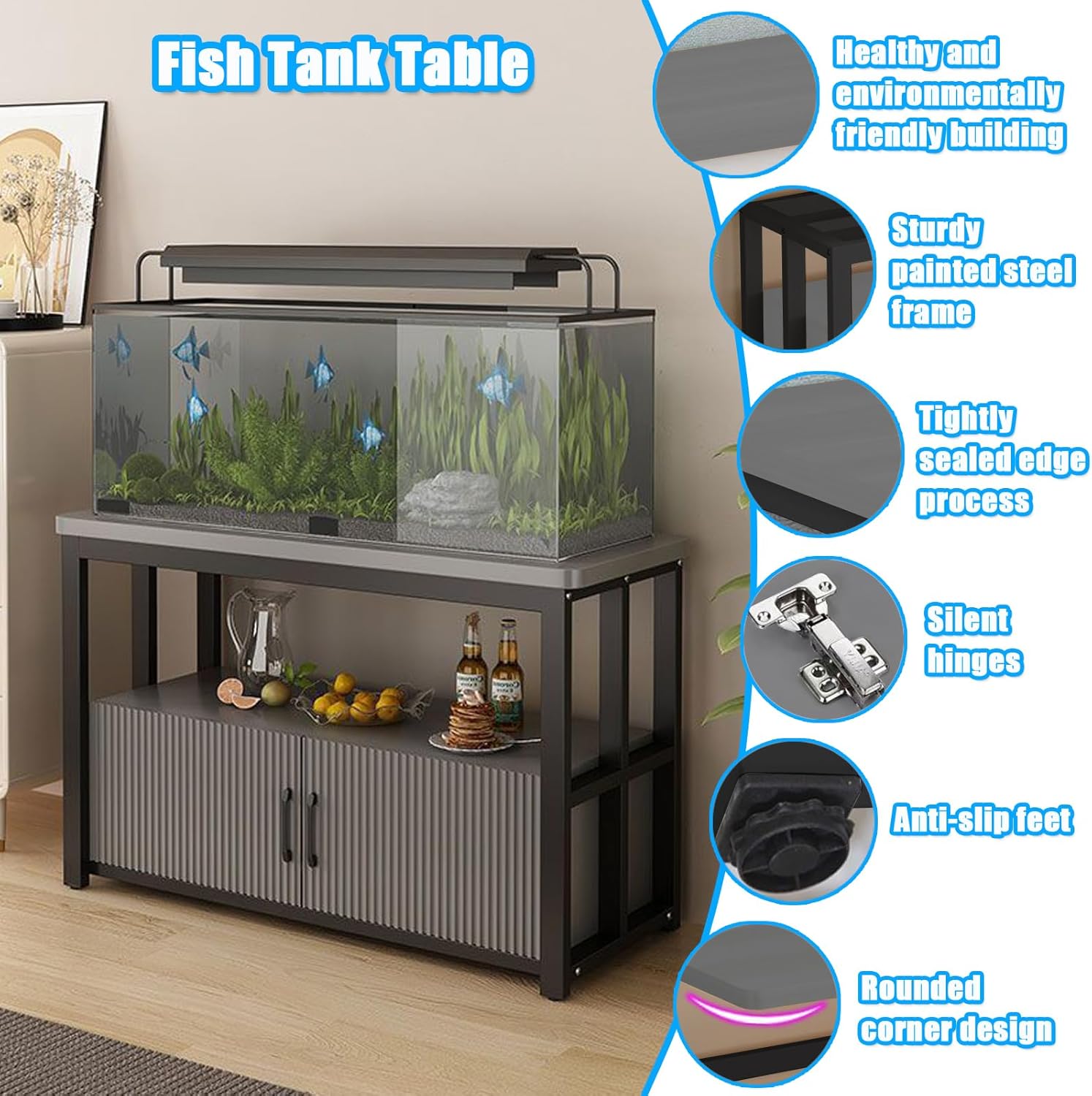 5-75 Gallon Aquarium Stands, 3 Tier Metal Frame Fish Tank Stand with Cabinet Storage, Reptile Tank Stand for Home Living Room Bedroom Office, 2200LBS Capacity (black+gray, L47.2″*W19.7″*H23.6″)