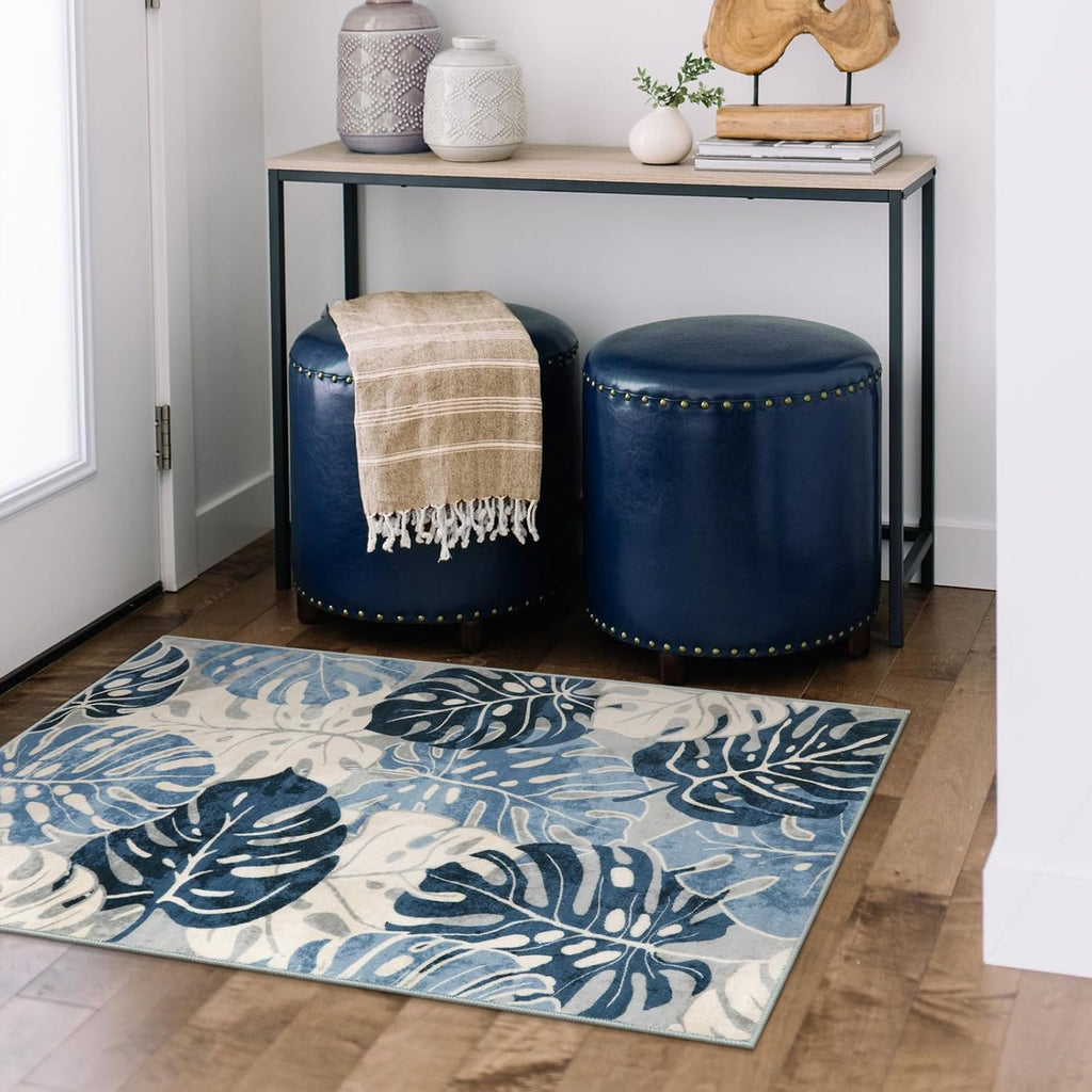 Wonnitar Leaf 2x3 Kitchen Rug, Small Bathroom Blue Rug, Washable Bedside Accent Mat, Monstera Plant Coastal Non-Shedding Soft Entryway Floor Carpet for Laundry Room Entrance Bath