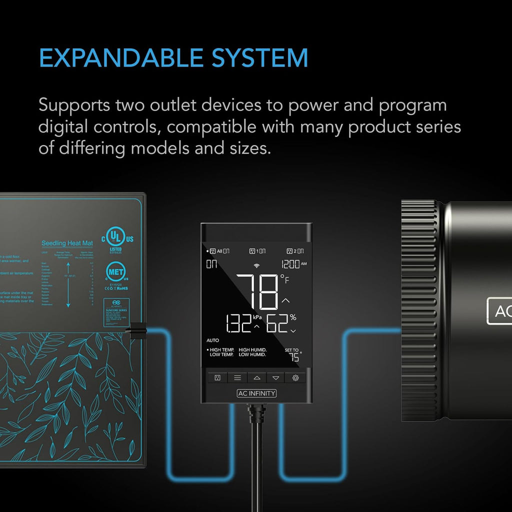 AC Infinity CONTROLLER 79 PRO, WiFi Outlet Controller, Independent Programs for Two Devices, Wall Hang Digital Thermostat with Temperature, Humidity, VPD, & Timer Controls, For Seed Starting Heat Mats