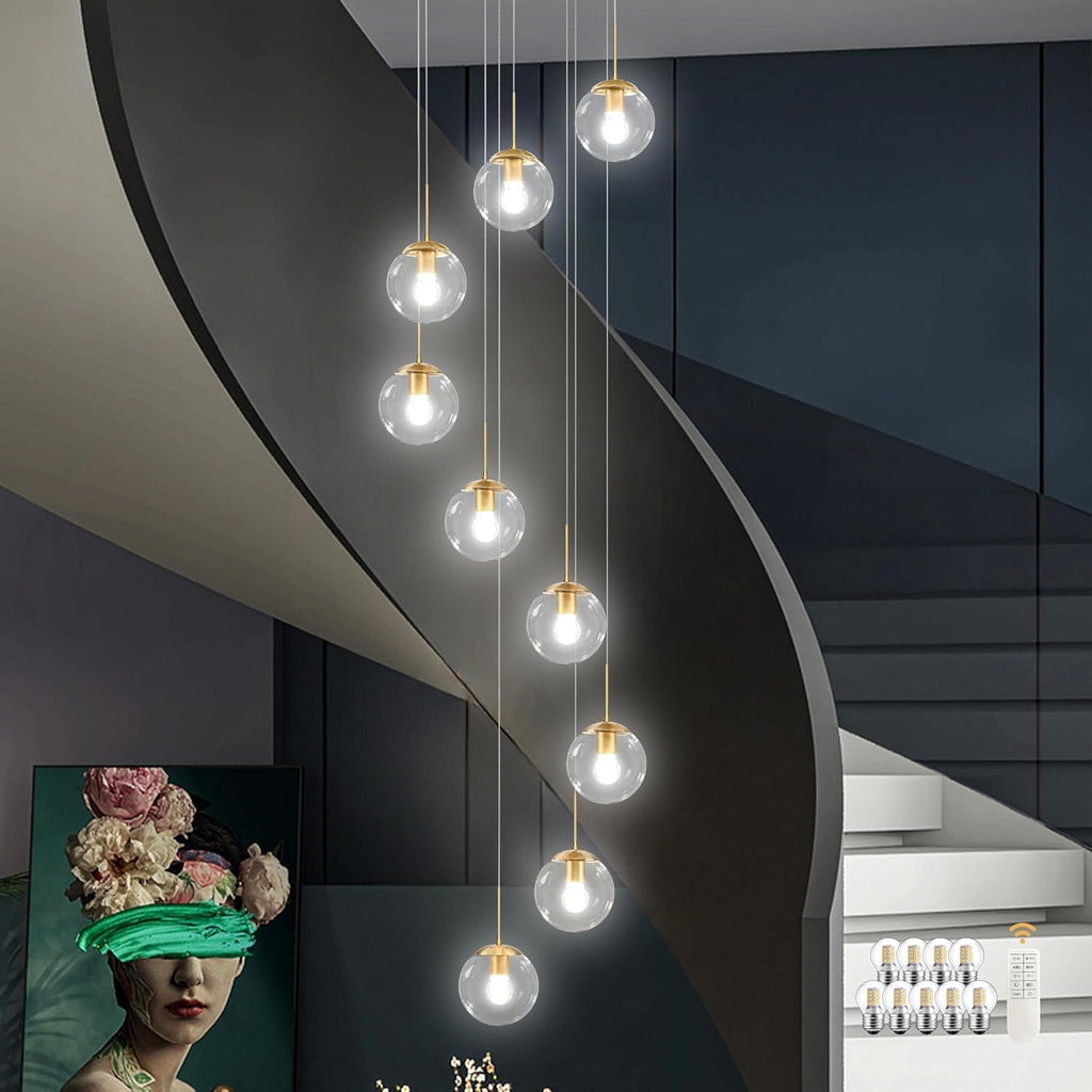 KoKo&Yukina 9-Light Globe Glass Pendant Light Adjustable Length Pendant Lights Fixtures Modern Gold Clear Globe Glass Chandelier High Ceiling Lights Fixtures for Foyer Staircase (Bulb & Remote Incl)