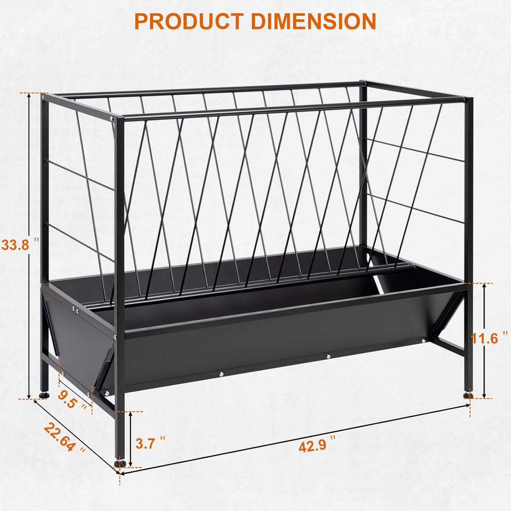 Pasture Hay Feeder 50 Gallon, Heavy Duty 2-in-1 Livestock Feeder, Hay Grain Feeding with 30 Gallon Feed Pan, Black Powder Coated Surface Steel Livestock Feeder for Sheep, Calf, Cow and Horse