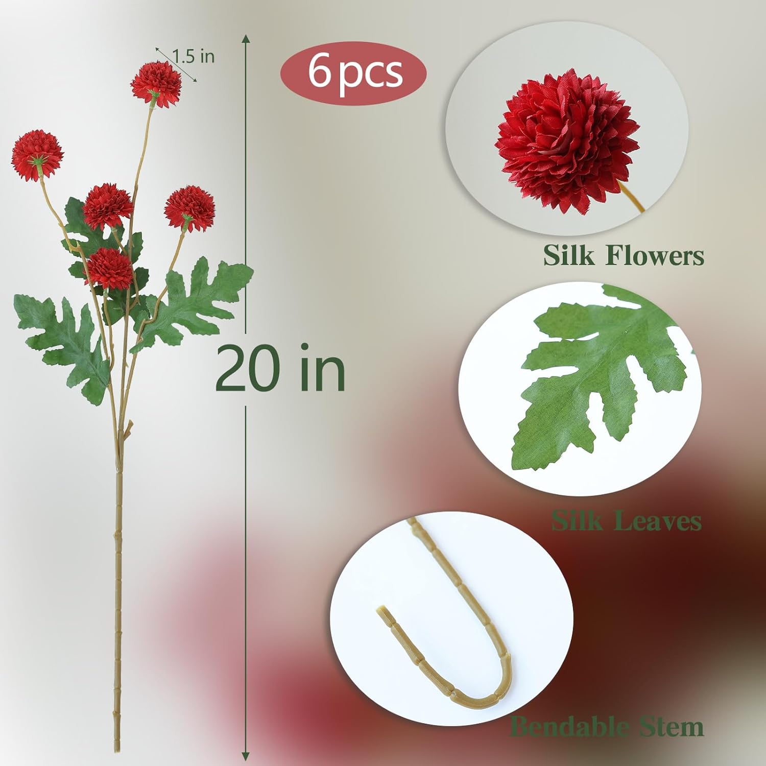 mizii 6Pcs Red Fake Silk Pompon Mum Artificial Flowers Bulk Small Faux Chrysanthemums with Stems Realistic Floral Decorations for Wedding DIY Bouquet Centerpieces Shower Vase Home Decor (Red)