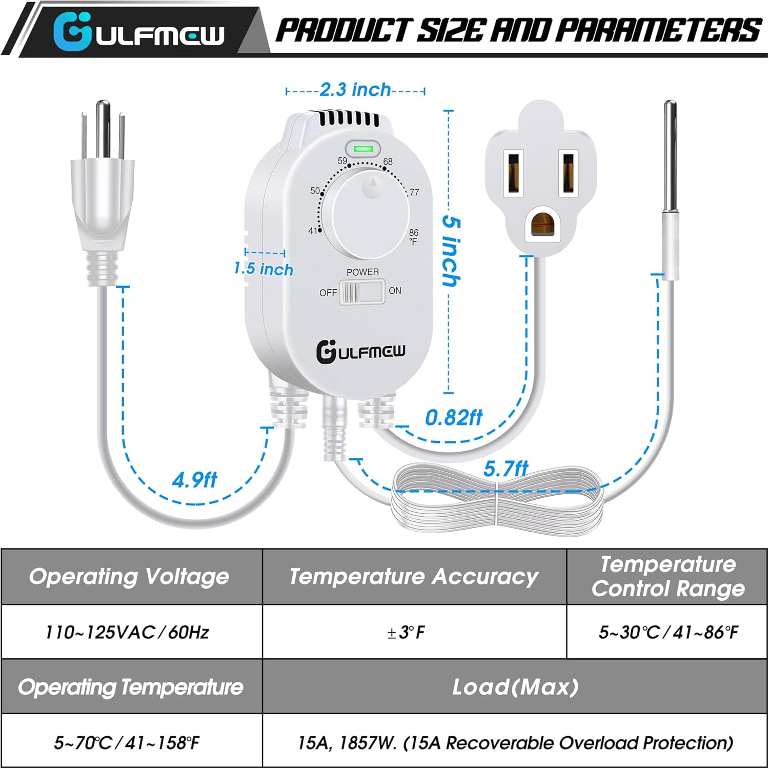 2 Pcs Thermostat Outlet for Heater, Temperature Controller Outlet with 4.9FT Power Cord, Heating and Cooling Thermostat Outlet with Temperature Probe for Space Heater, Greenhouse Fan (White)