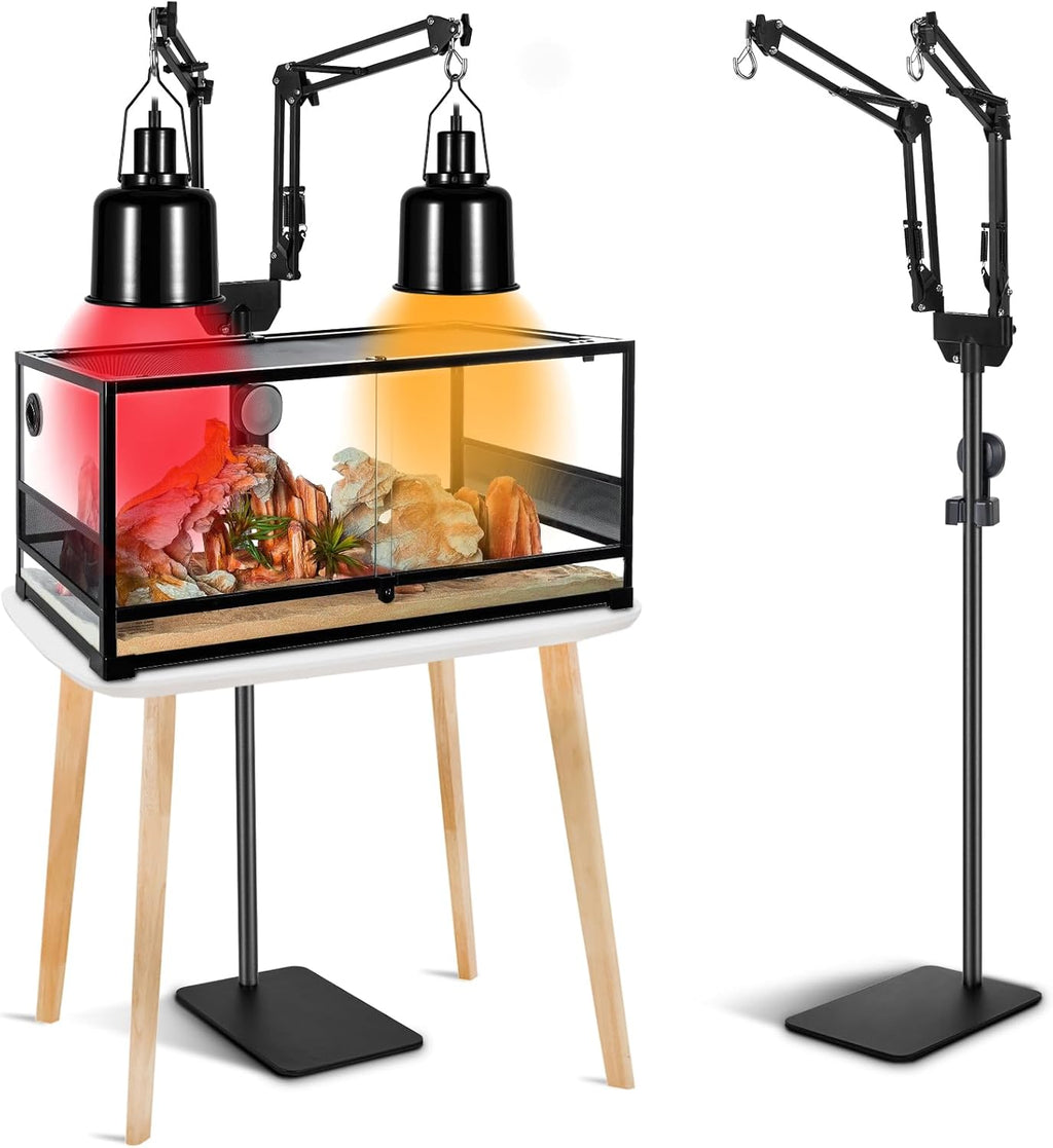 Dual Reptile Heat Lamp Stand, Adjustable Reptile Light Stand (15.7-74.3inch) with 360° Swing Arm and Anti-tip Clip, Lamp Holder for Terrarium, Amphibians Cage and Plants