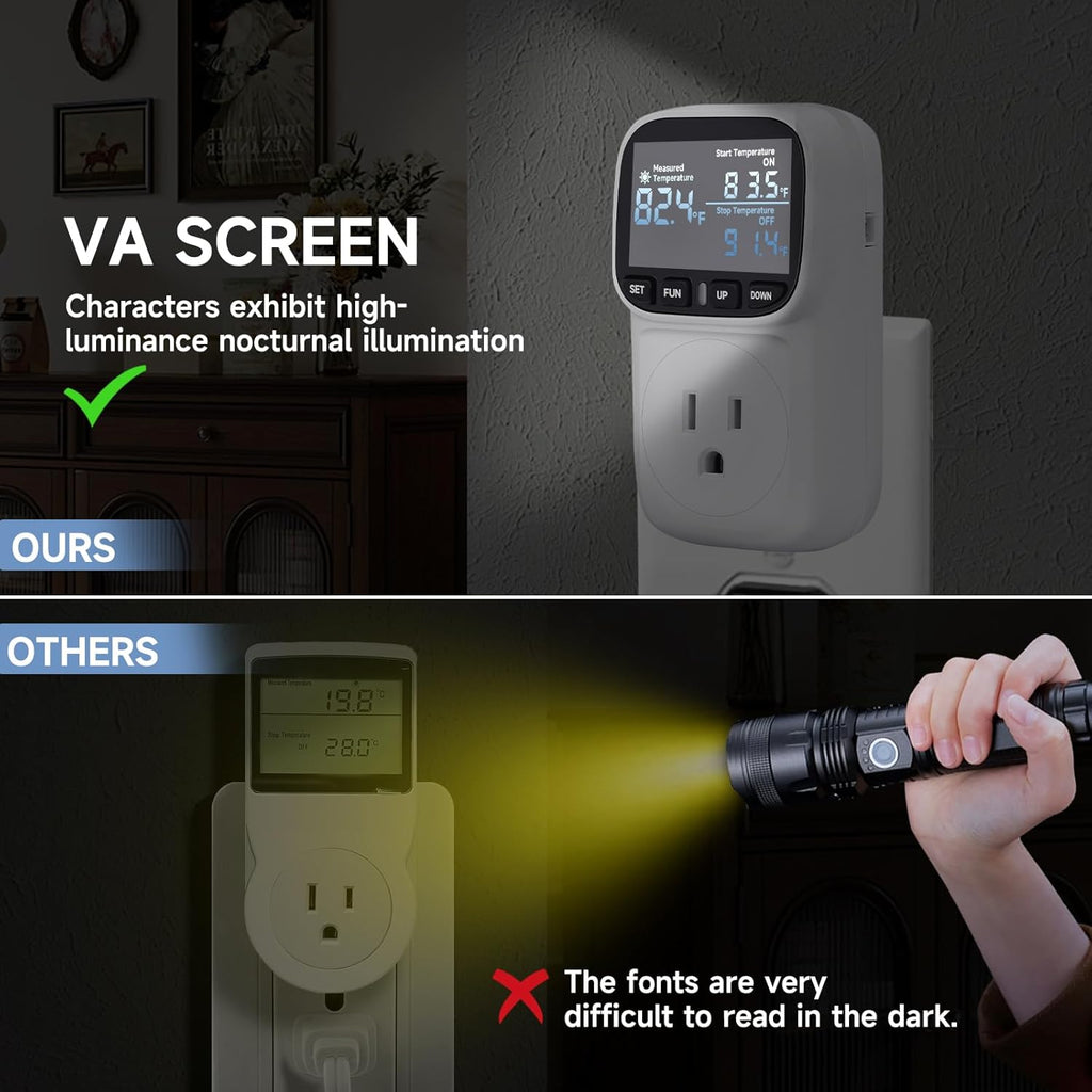 Temperature Controlled Outlet , 15A/1800W Digital Thermostat Outlet, Cyclic Timing/Countdown, -40℉~210℉ VA Display Heating Cooling Control Timer with 2Pcs Probe Cable for Reptile Incubator