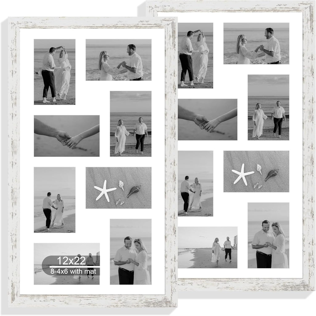12x22 Picture Frame Set of 2, Distressed White with Glass Collage Frame, Display Eight Opening 4x6 Photos With Mat or 12 x 22 Newspaper Without Mat - Horizontal or Vertical Wall Mounting