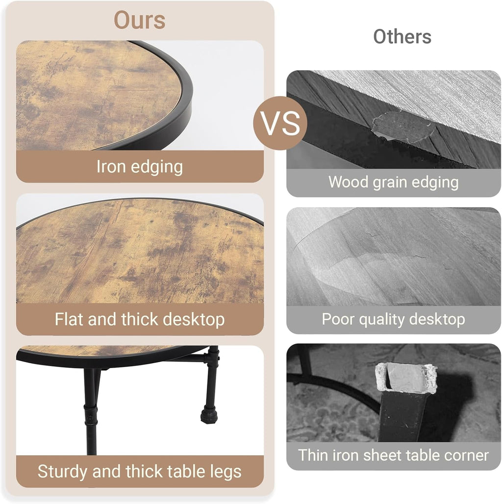 Industrial Round Coffee Table, Circle Wood Pottery Barn Coffee Table with Heavy Duty Metal Pipes Legs, Accent Cocktail Table Center Table with Open Shelf Storage for Living Room Home
