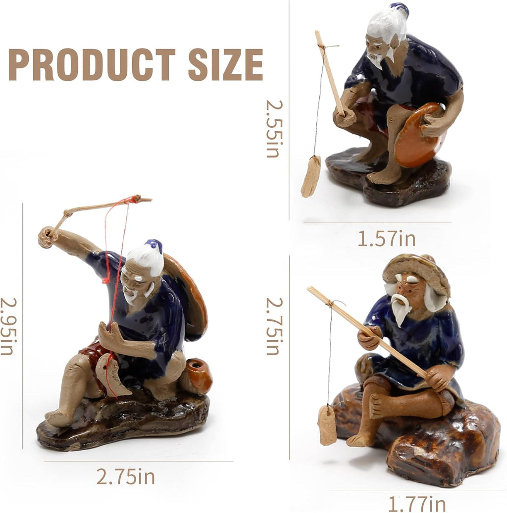 3 PCS Fisherman Statue Fishing Ornament Bonsai Tree Pot Chinese Clay Man Ceramic Fishing Ornament Garden Decoration Fish Tank Bonsai Garden Decoration