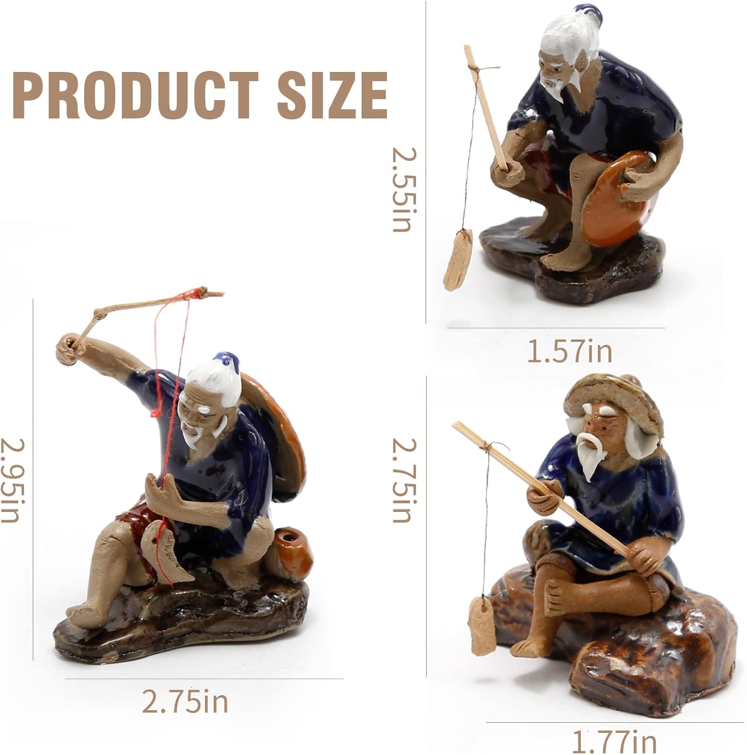 3 PCS Fisherman Statue Fishing Ornament Bonsai Tree Pot Chinese Clay Man Ceramic Fishing Ornament Garden Decoration Fish Tank Bonsai Garden Decoration