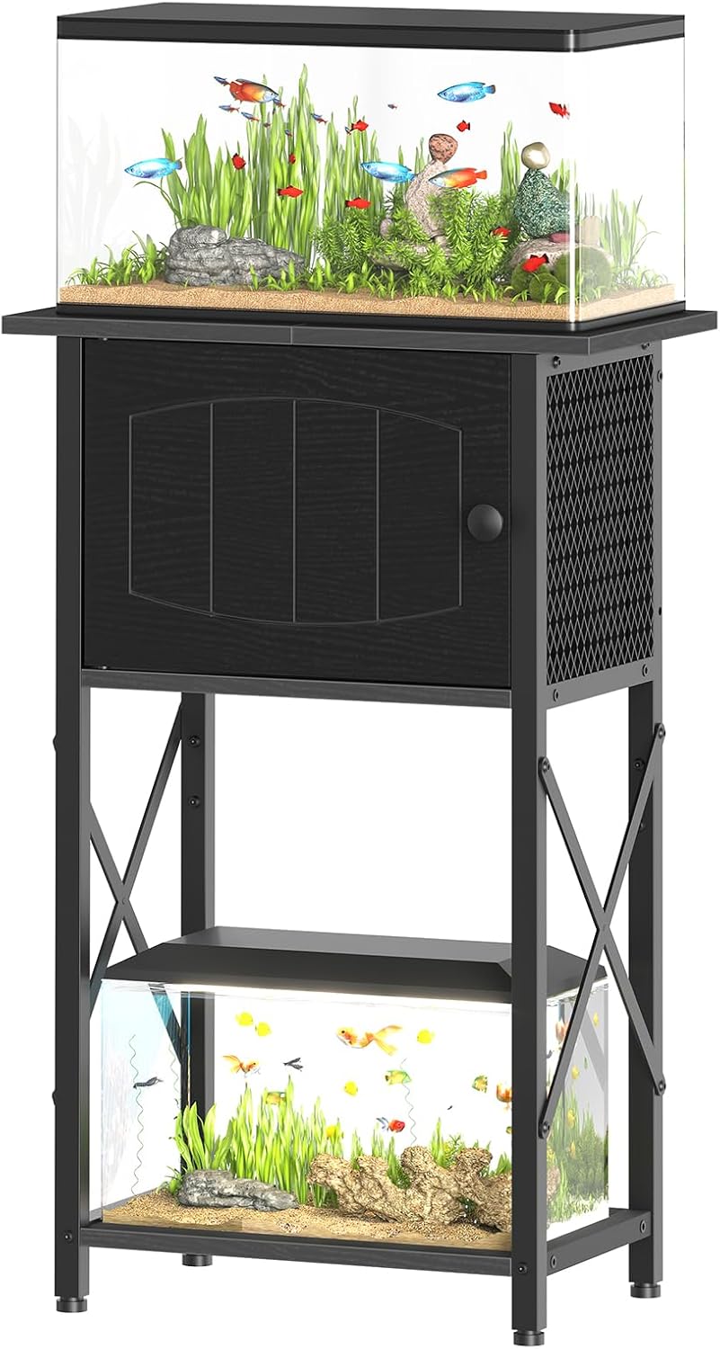 HOOBRO 10 Gallon Aquarium Stand, Fish Tank Stand with Cabinet Storage, Reptile Turtle Tank Stand with Metal Frame, 20.5" L x 11" W , 220 LBS Capacity, Black BB28FT01