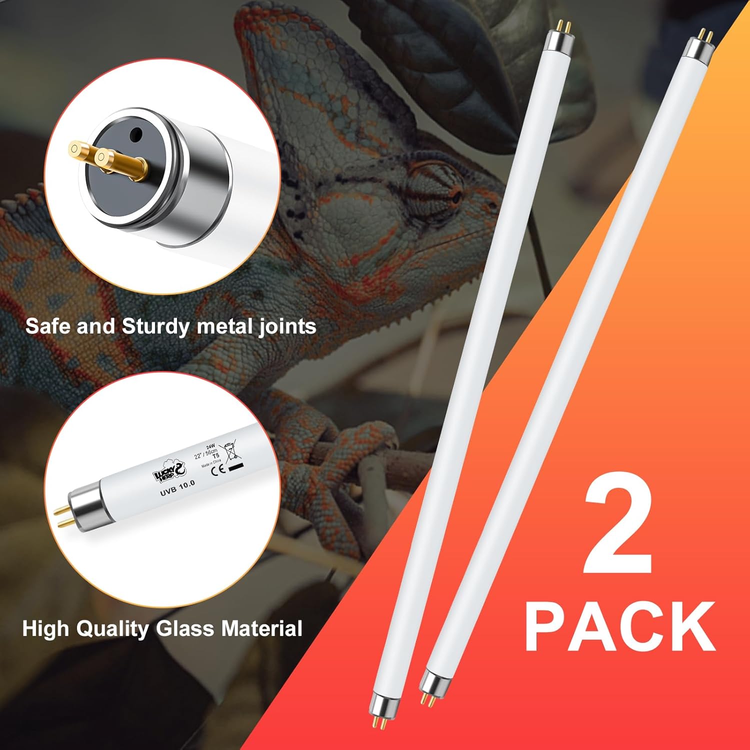 LUCKY HERP T5 UVB Reptile Light 2 Pack, 24W UVB 10.0 Reptile Light Bulb, UVA UVB Fluorescent Lamp Tube, UVB Lamp for Lizards, Turtles, Chameleons, Tortoises