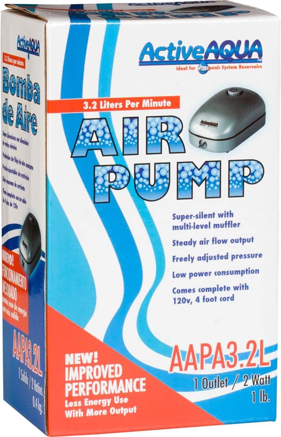 Hydrofarm AAPA3.2L Active Aqua Air Pump, 1 Outlet, 2W, 3.2 L/Min, White