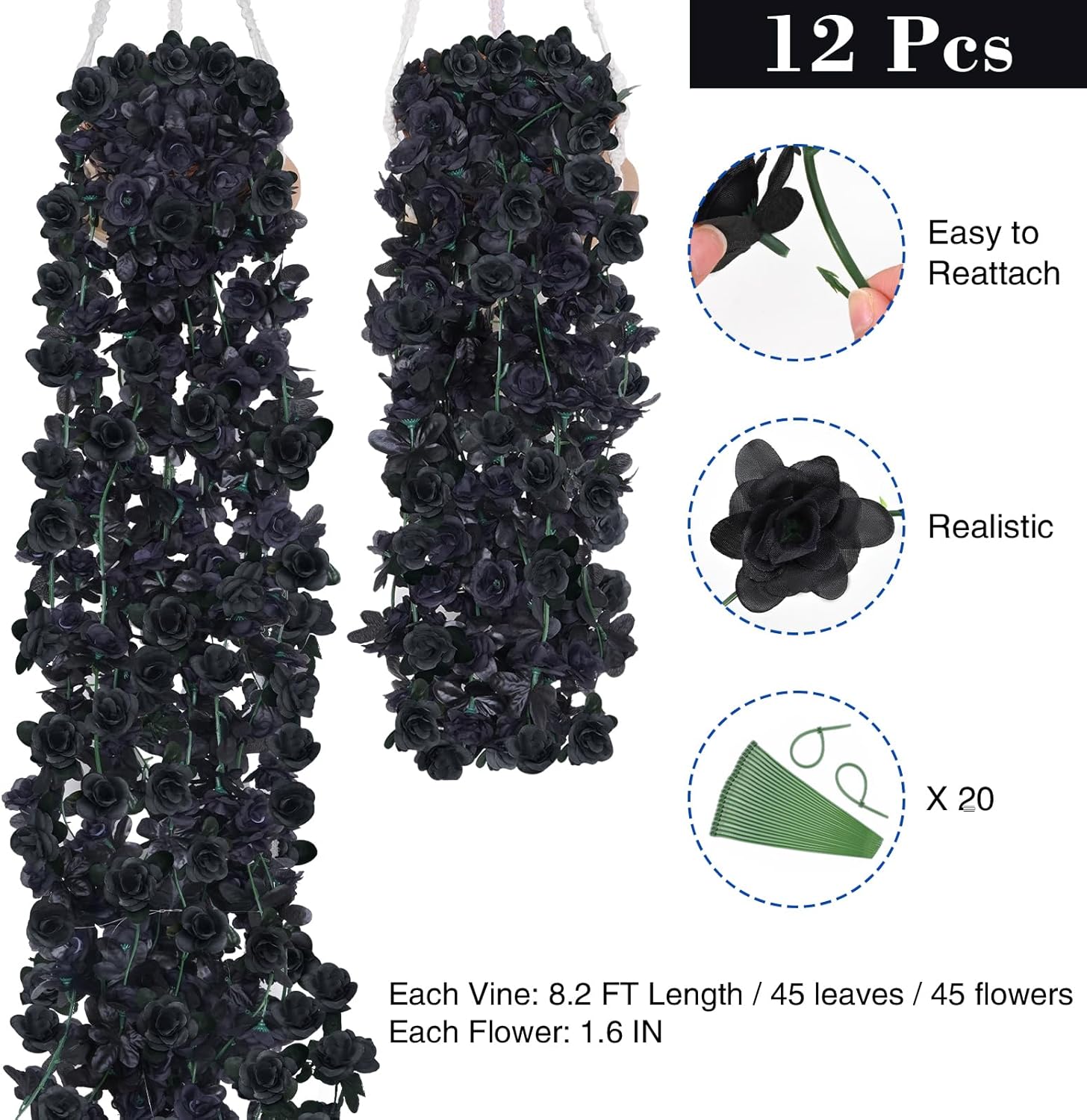 BLEUM CADE 12Pcs 98.4Ft Flower Garland Artificial Rose Vines for Bedroom, Cute Fake Hanging Flower Vines Floral Garland Decorations for Halloween Wedding Party Wall Room Decor Aesthetic