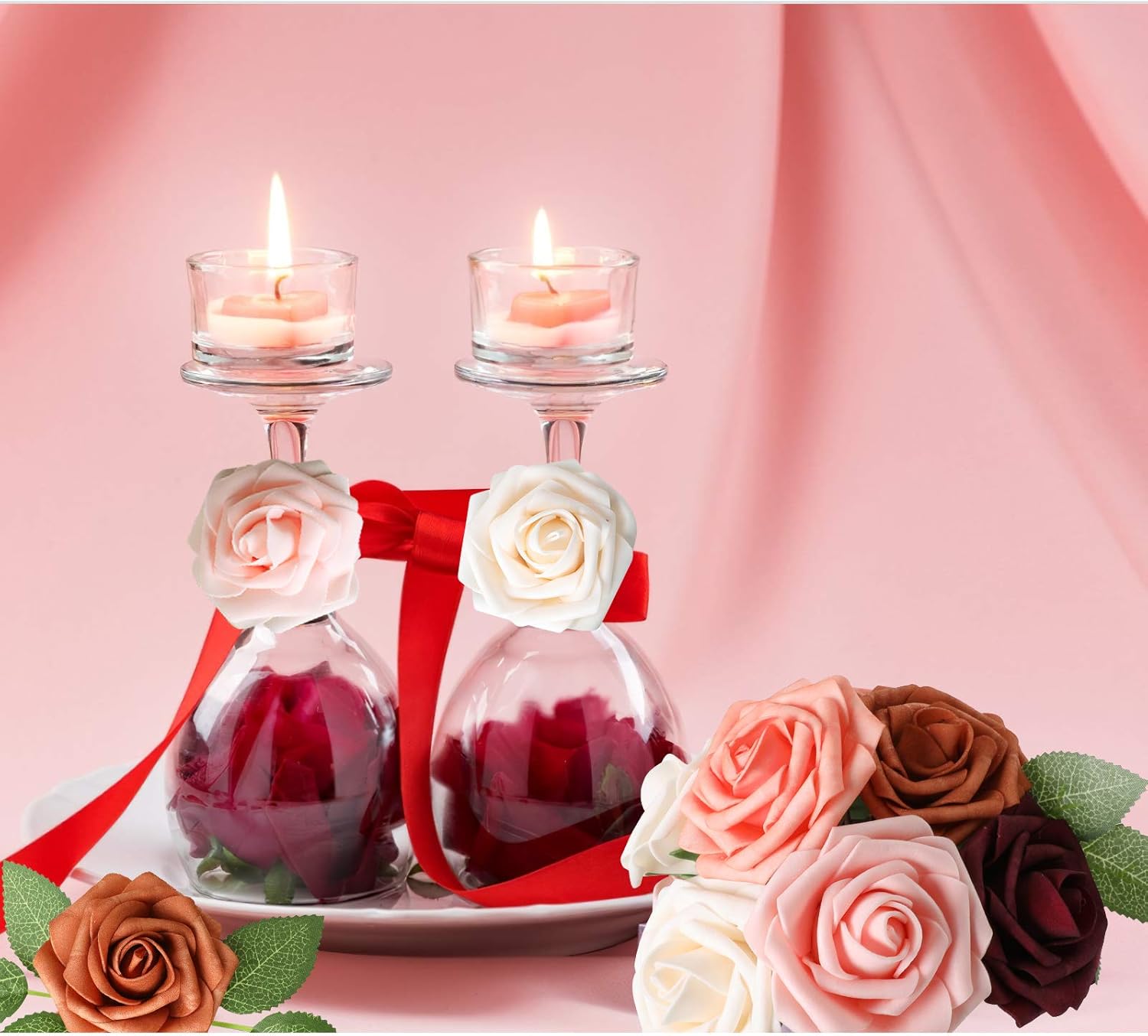 AmyHomie Artificial Flower Shades of Burgundy Rose 25pcs Real Looking Fake Roses w/Stem for DIY Wedding Bouquets Centerpieces Arrangements Party Baby Shower Valentines Day Christmas Tree Decorations
