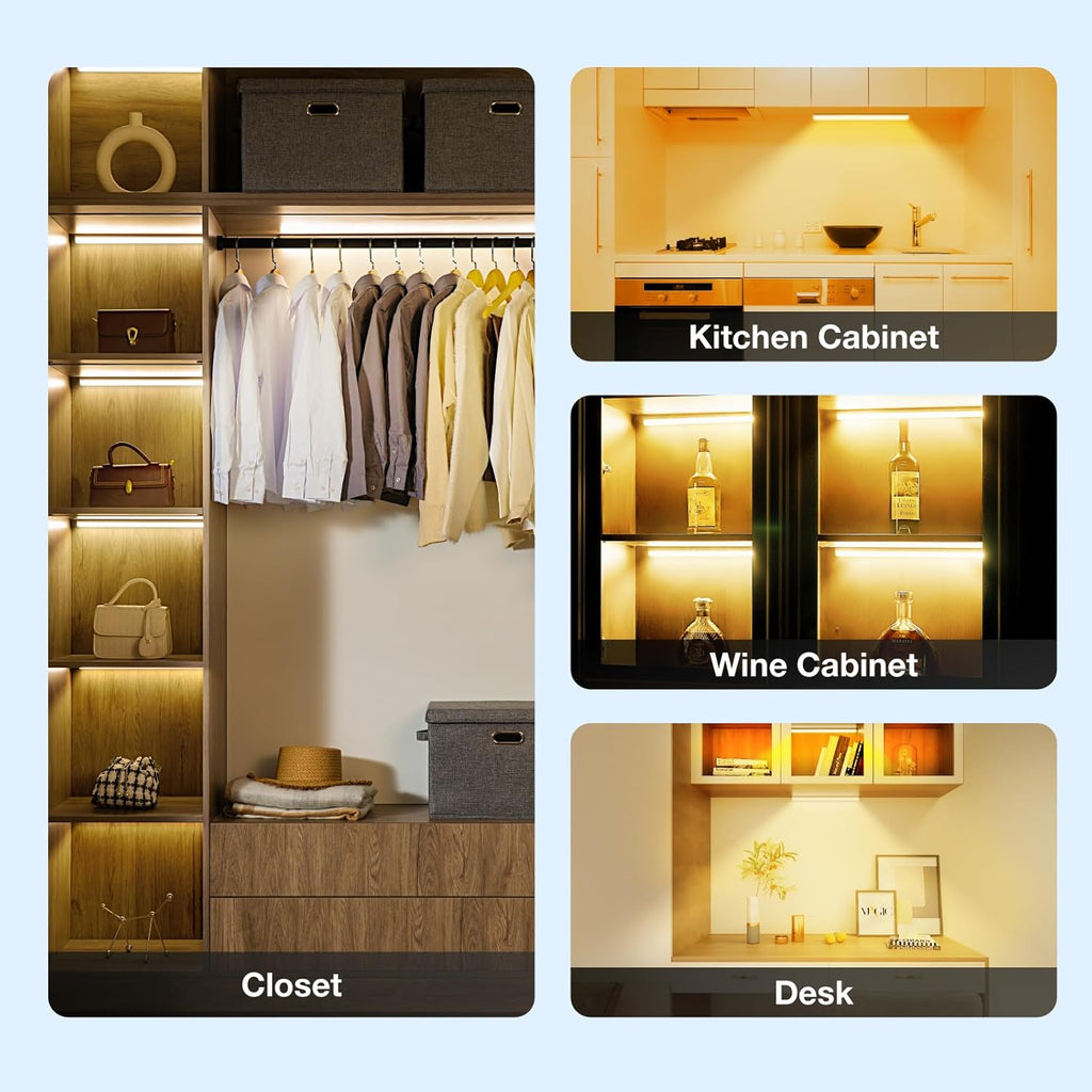 Under Cabinet Lights Remote Control,4 Pack Magnetic Rechargeable Light bar,Under Cabinet Lighting Wireless,Ceiling and Under Counter Lights for Kitchen,Wardrobe,Shelf (White, 20 CM)