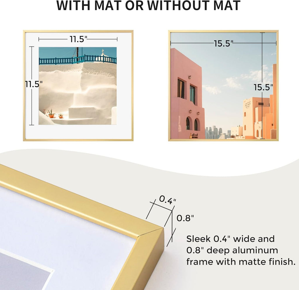 Fun Memories 16x16 Metal Picture Frame with 12x12 Mat, Brushed Aluminum Finish, Tempered Glass Front, and Attached Hanging Hardware - Wall Display Frames for Vertical or Horizontal Set of 3 - Gold