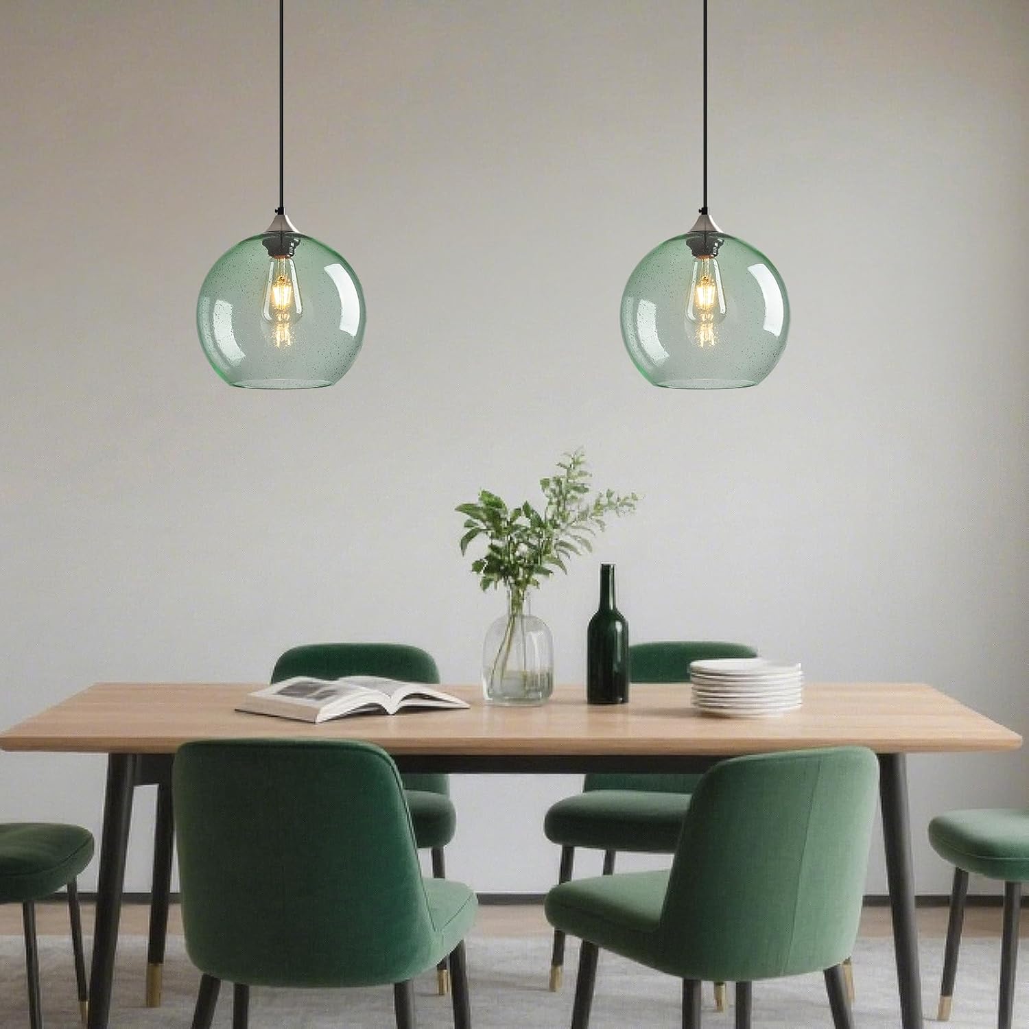 Light Green Glass Pendant Lights Kitchen Island Globe Pendant Light Fixtures Modern Pendant Lighting for Bedroom Living Dining Room Light Fixture (9.84 in, 3 Pack)